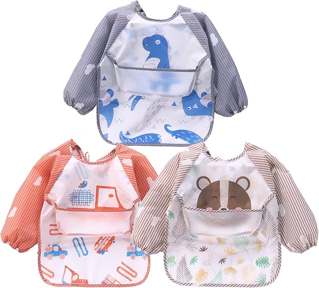 FILOWA Bibs with Sleeve,3PCS Baby Feeding Bibs Long Sleeve Large Pocket Waterproof Coverall Weaning Plastic EVA Painting Aprons Smock Bib for Infant Toddlers Boys 6-36 Months,Dinosaur/Car/Bear