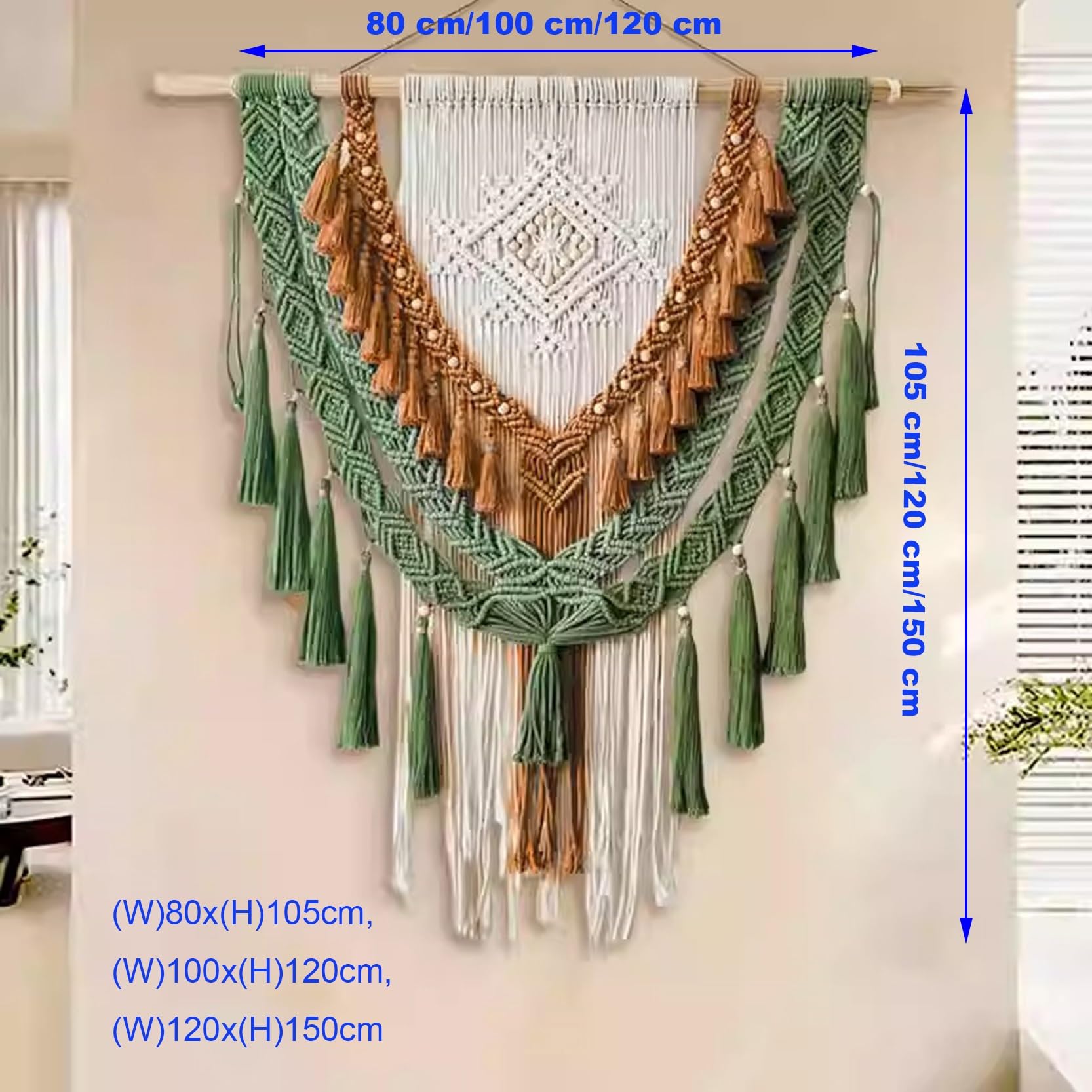 Makramee Wandbehang Groß im Boho-Stil, Breite 31,5/39,4/47,2 Zoll, Boho-Wandteppich, Höhe 41,3/47,2/59 Zoll, beige und grüne Baumwollseil-Quasten-Wanddekoration(100x120cm)