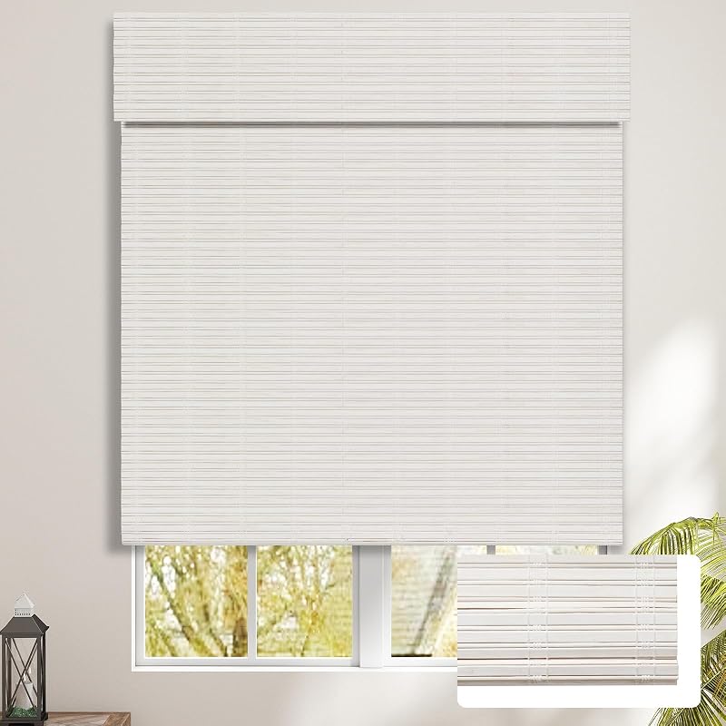 SEEYE Cordless Bamboo Blinds Shades, Light Filtering Bamboo Roller Shades Natural Roman Blind Shade, Roll Up Blind for Windows, Easy to Install for Door, Bedroom, 34.5" W x 64" H, White