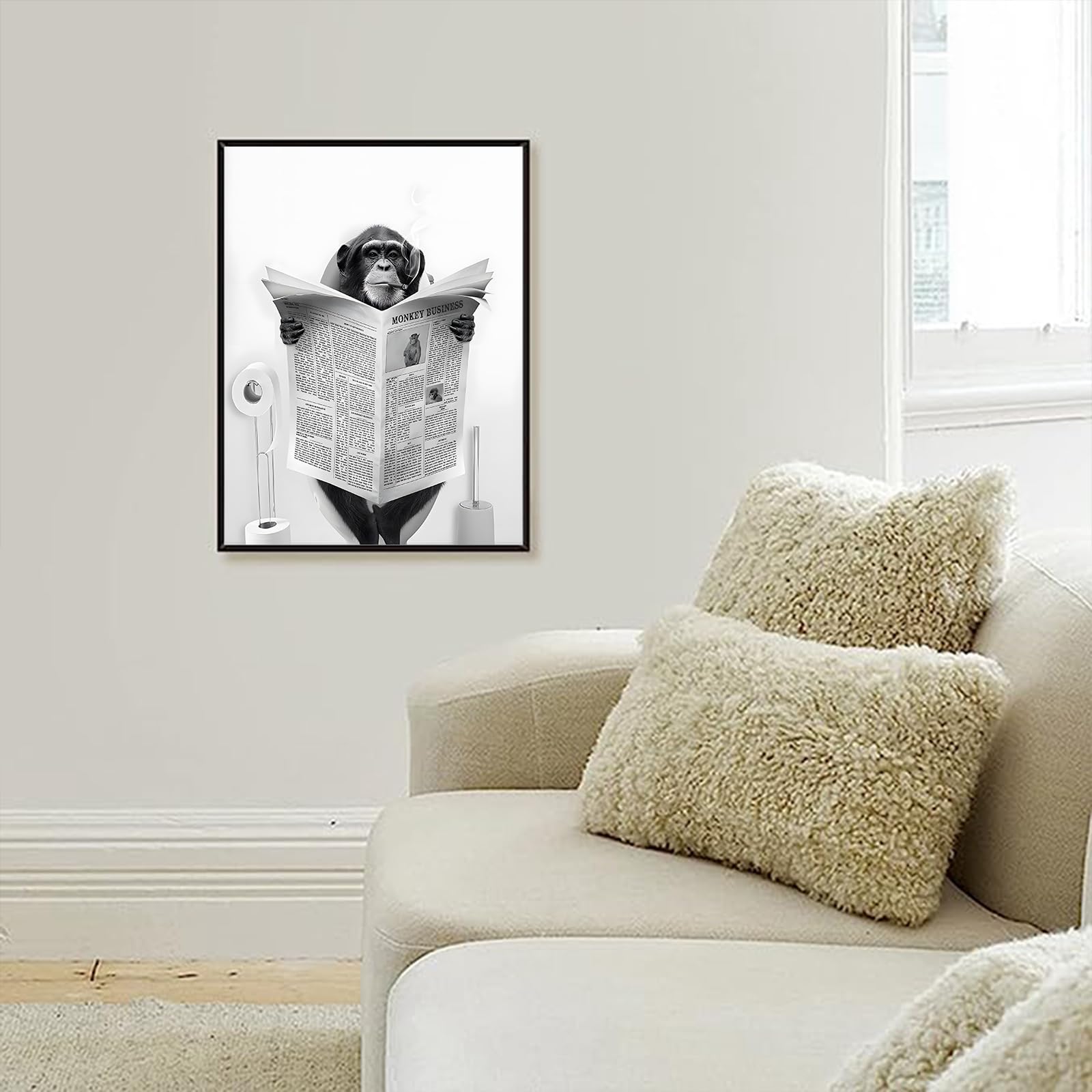 Cute Newspaper Animal Wall Art Black and White Canvas Printed Cabin Bathroom Decoration Bath Wall Picture Frameless Monkey 1 Piece 20 x 30 cm - Image 3