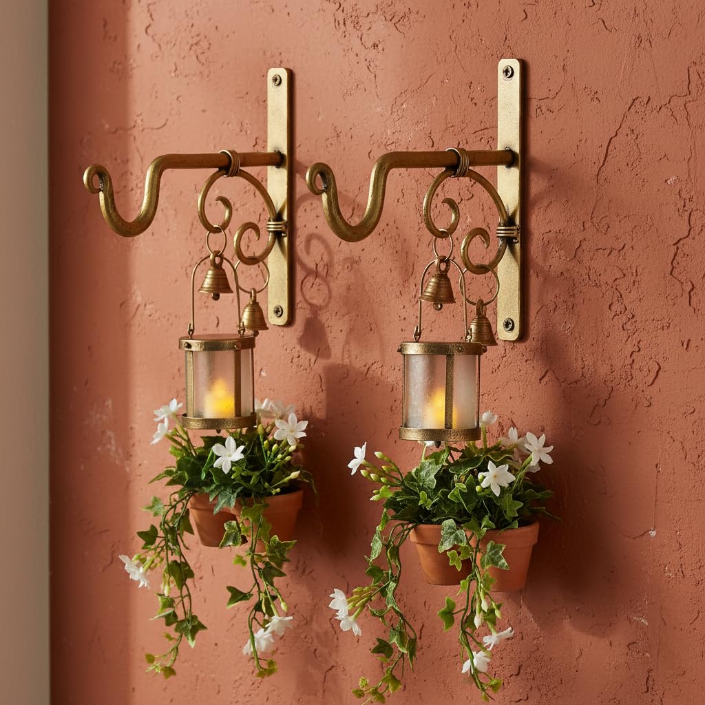 Lamcy Plaza Decorative Wall Brackets - 7.5 Inch (Pack of 2) - Hand Forged Antique Golden Brass Heavy Duty Metal Wall Hangers for Hanging Plants, Lanterns, Bird Feeders, Chimes - Indoor Outdoor Use 1
