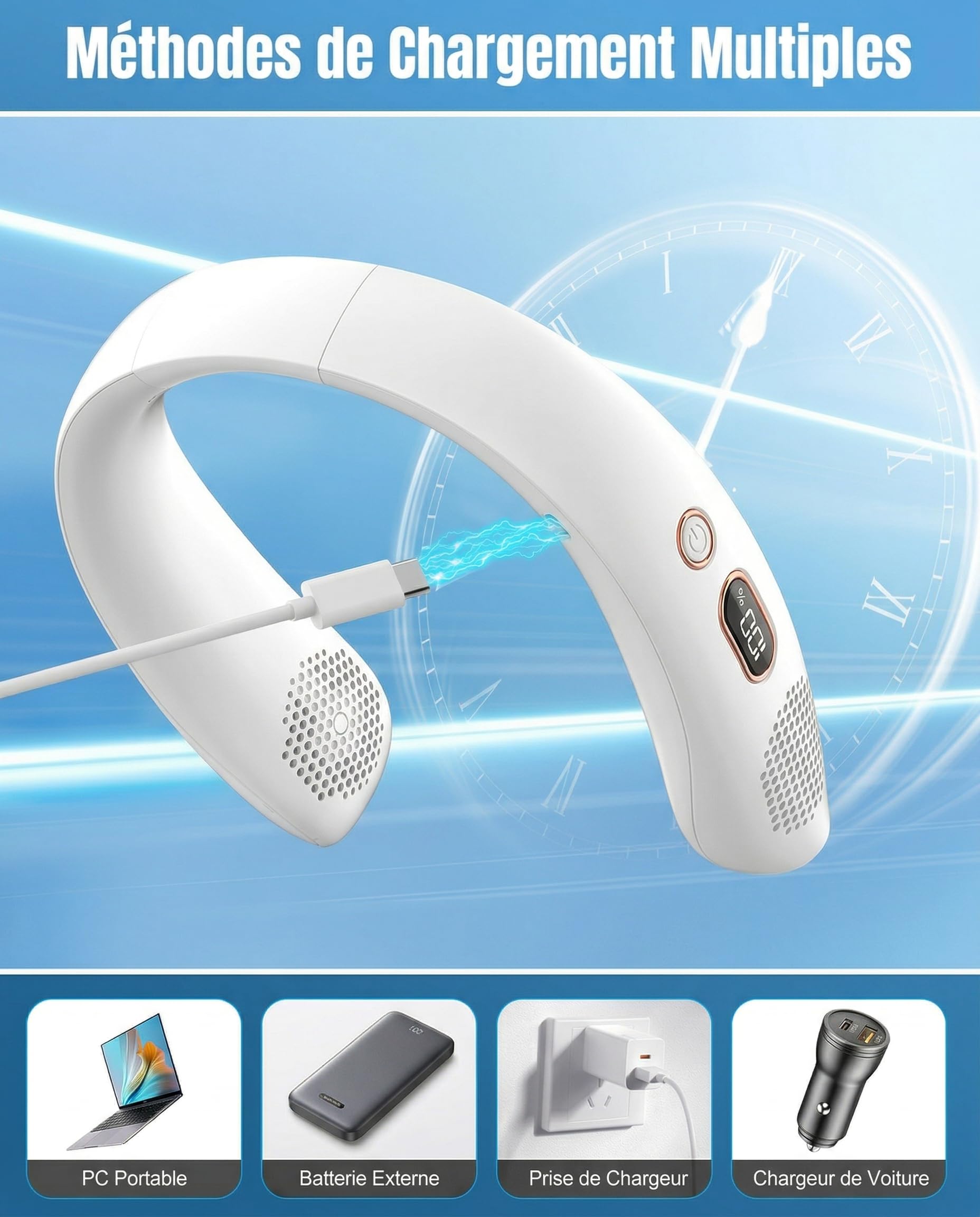 Ventilateur de Cou, 360° Ventilateur Portable Silencieux, 3 Vitesses Ventilateur Cou USB avec Affichage LED, Petit Ventilateur Sans Pale Personnel pour Domicile,Bureau,Voyage,Sport,Yoga