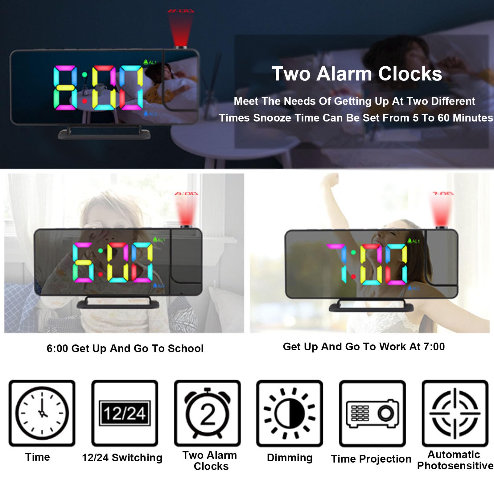 Reloj despertador de proyección, reloj digital con pantalla LED de espejo con proyector giratorio de 180°, regulador, formato 12/24h, función de repetición, ideal para escritorio o mesita de noche