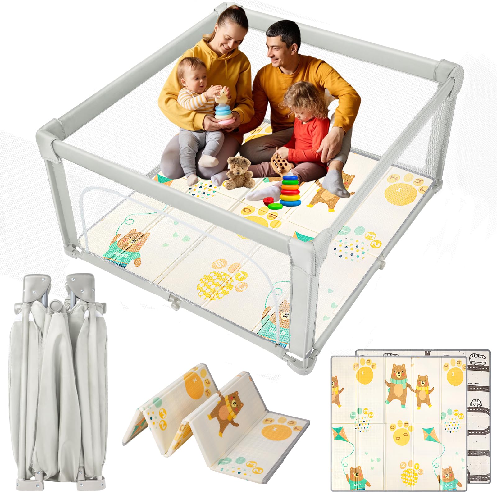YOBWOK Foldable Baby Playpen with Mat,120x120cm Safety Play Yard for Babies and Toddlers, Baby Fence, Soft Breathable Mesh for Indoor Outdoor Activity Center, Portable Playpen Ideal for Apartments