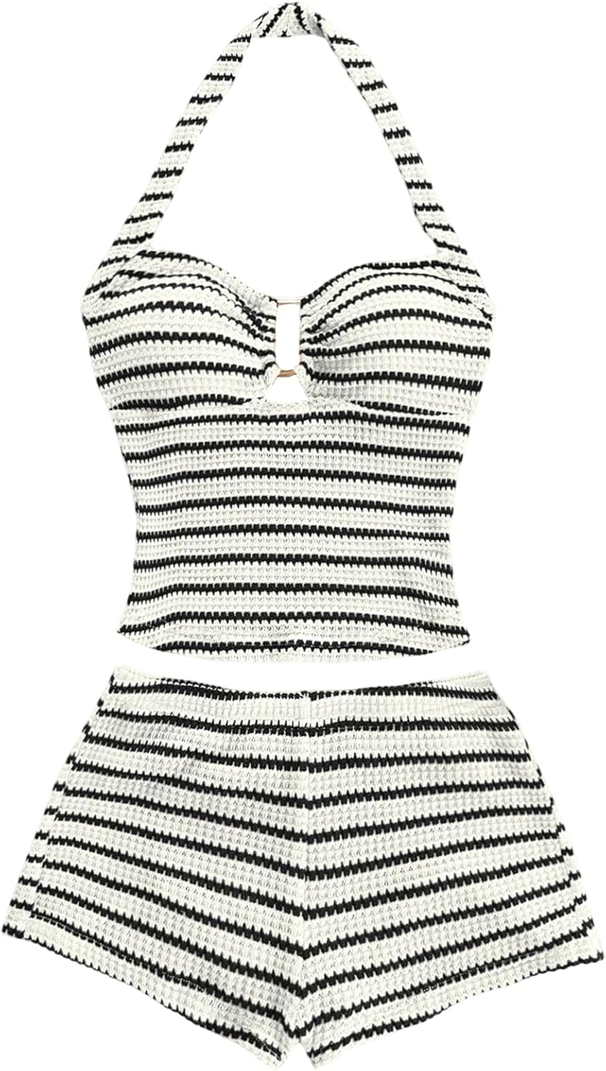 MakeMeChic Women's Summer 2 Piece Sets Striped Halter Tank Tops Mini Shorts Set Beach Vacation Outfits