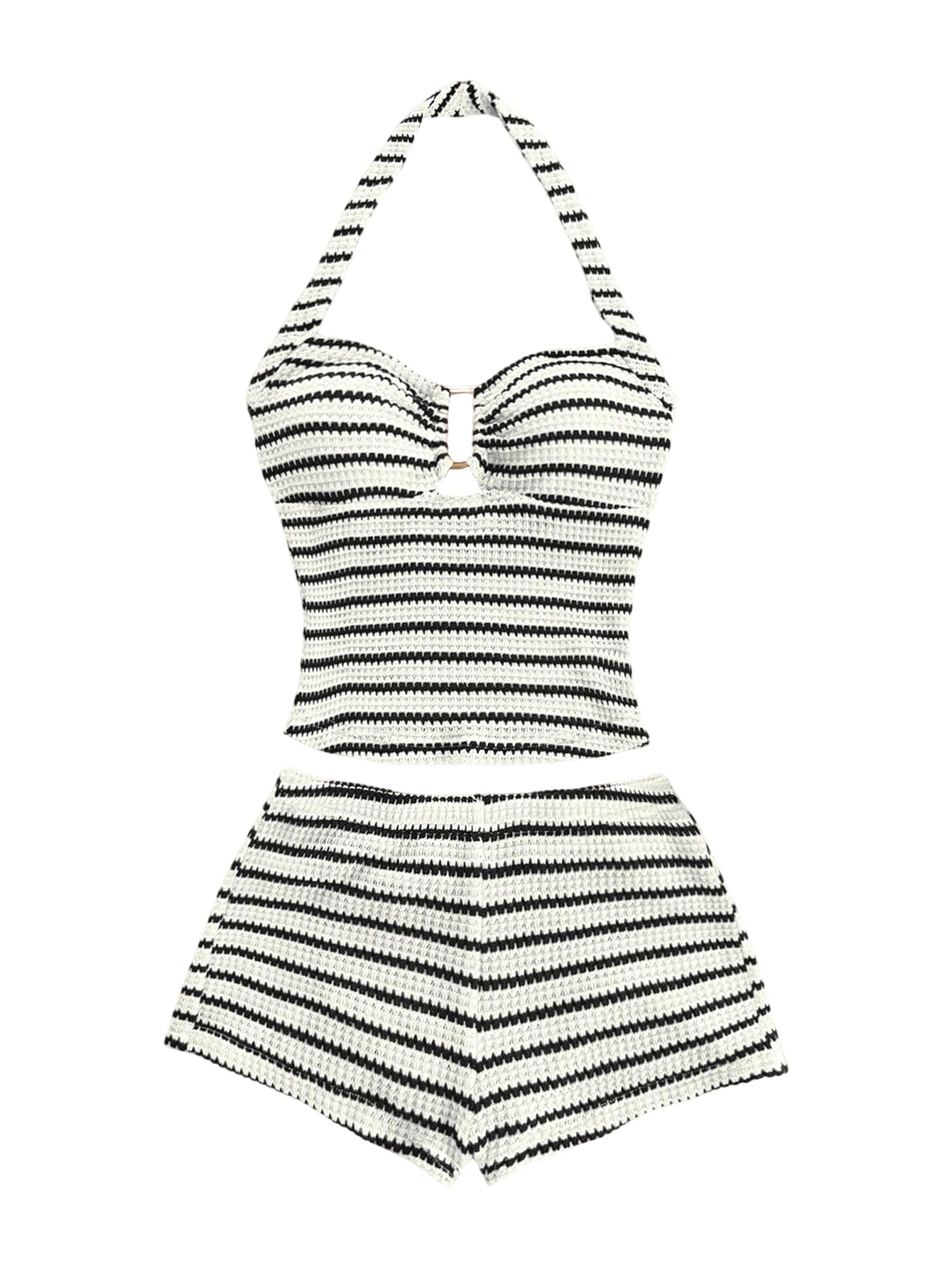 Photo 1 of MakeMeChic Women's Summer 2 Piece Sets Striped Knit Halter Tank Tops Mini Shorts Set Beach Vacation Outfits Black White Small