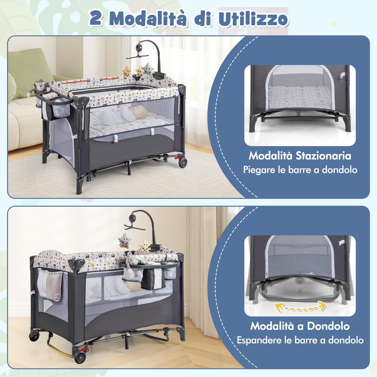 COSTWAY 5 in 1 Lettino Neonato con Materasso, Lettino Campeggio Bambini con Fasciatoio, Portatile e Pieghevole, Altezza Regolabile in 4 Livelli, per Bambini 0-36 Mesi (Grigio+Beige)