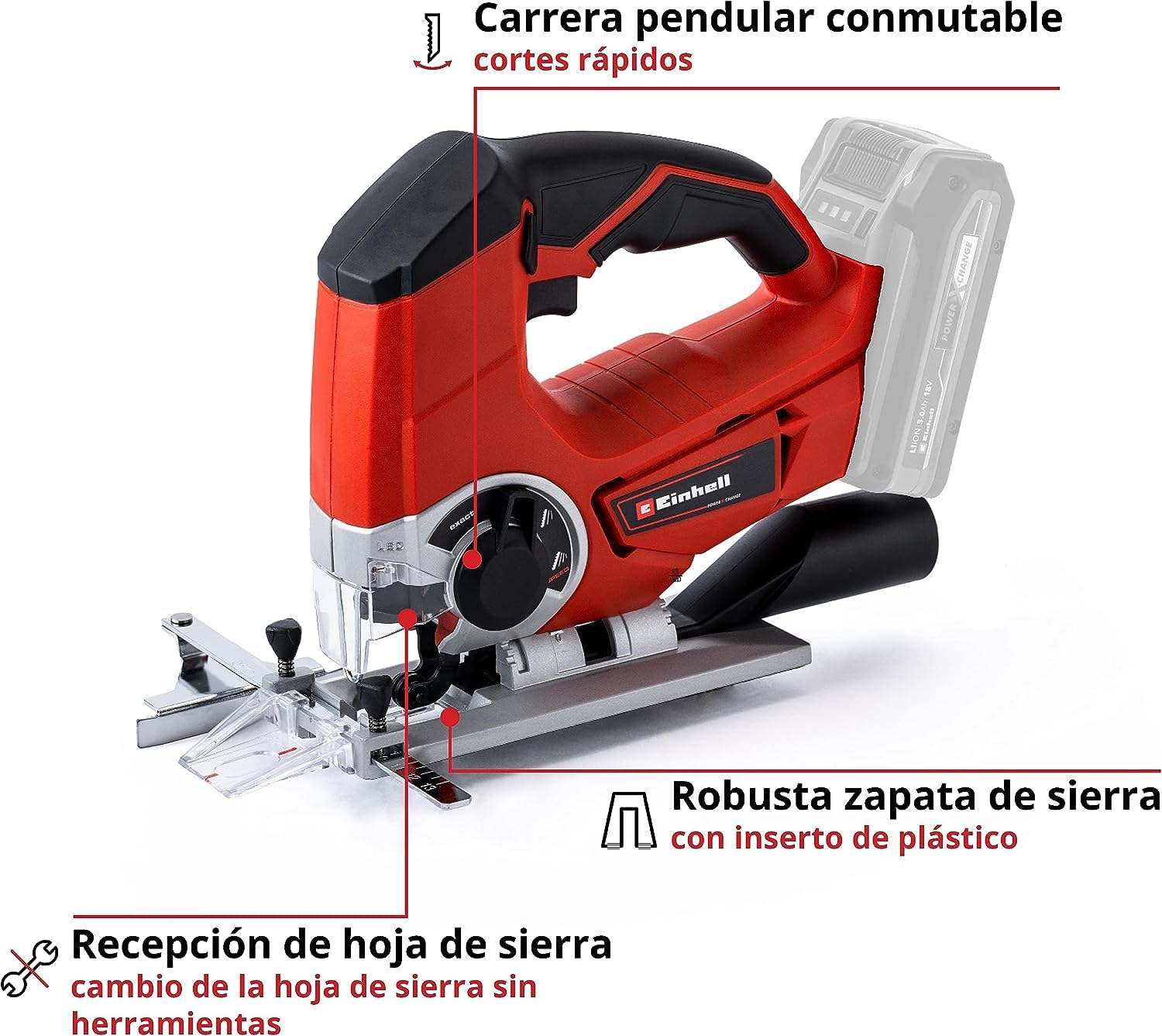 Einhell Sierra caladora con batería recargable - TE-JS 18/80 Li-Solo, sistema de 18 V, 2400 1 / min, profundidad de corte máx. 80 mm, suministro sin batería y sin cargador