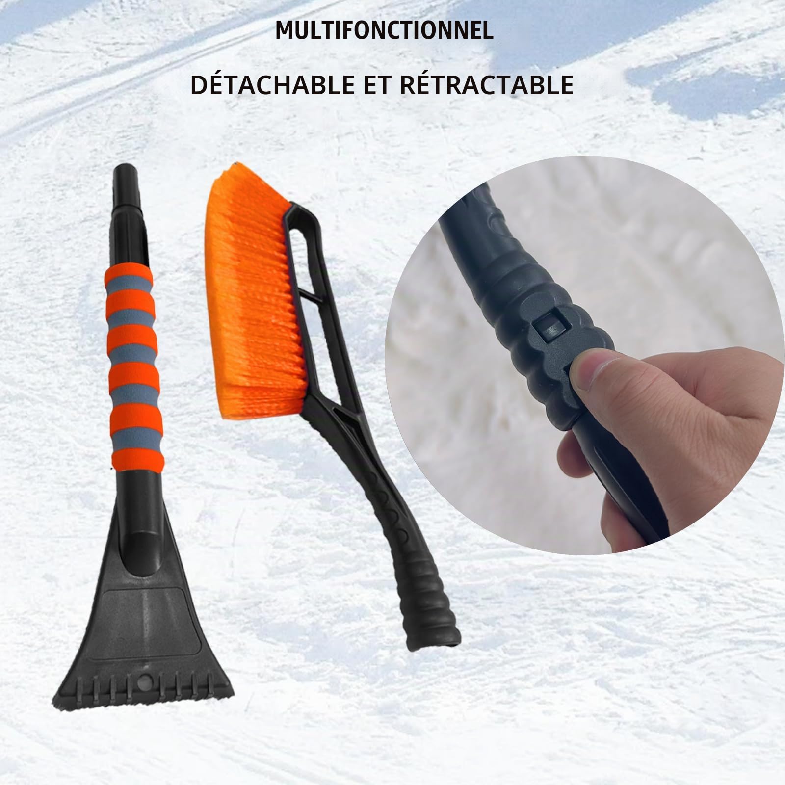 Grattoir Pare Brise Voiture Telescopique,2 en 1 Raclette Vitre Voiture Gratte Glace et Brosse à Neige avec Gant,Balai Neige Voiture,Dégivreur Pare Brise 78-93 cm (Orange)