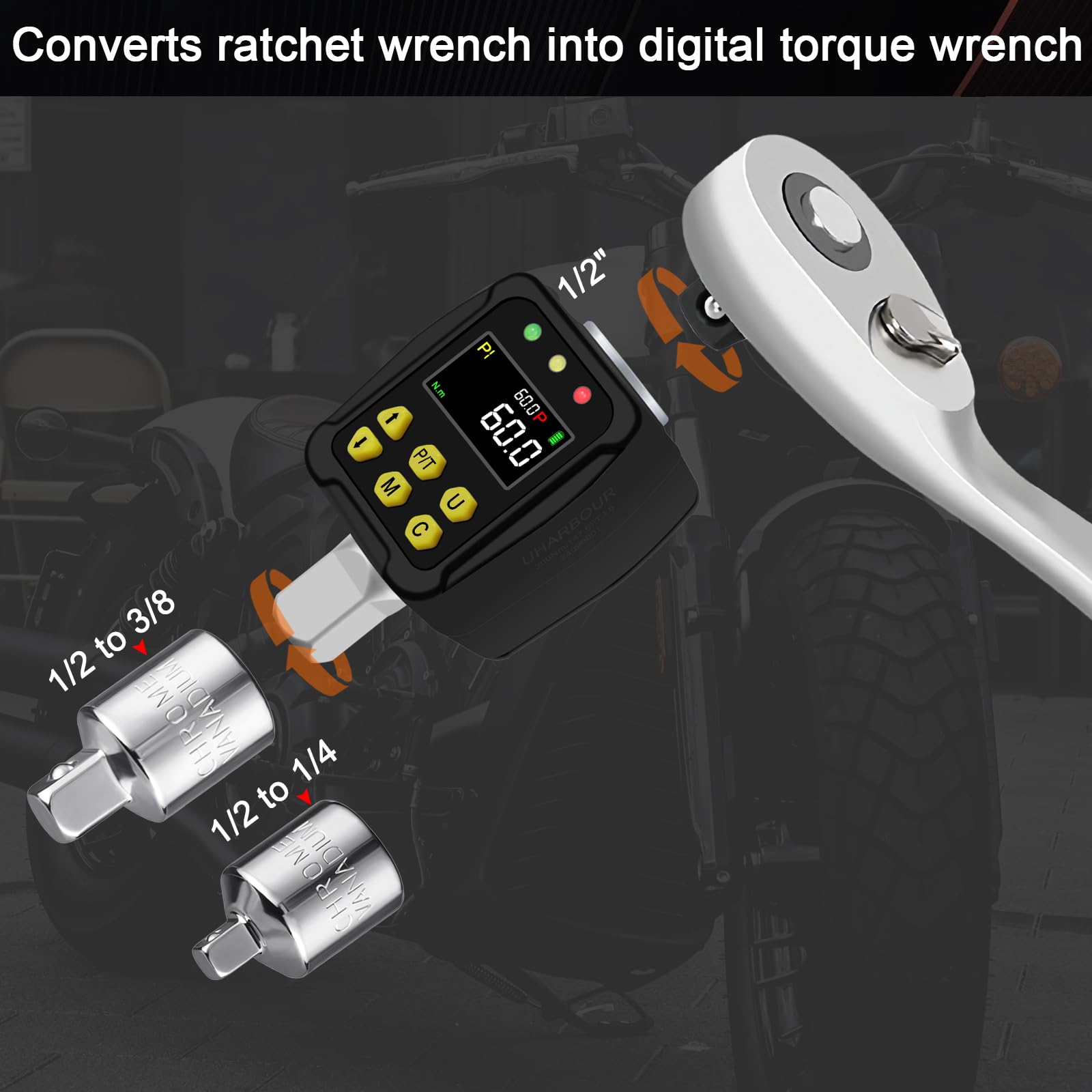 Uharbour Cyfrowy adapter momentu obrotowego 1/2 cala 3-60 Nm, klucz dynamometryczny cyfrowy z wyświetlaczem LCD, trybem PEAK/TRACK, brzęczykiem i wyświetlaczem LED, dokładność błędu ±2%, do samochodu,