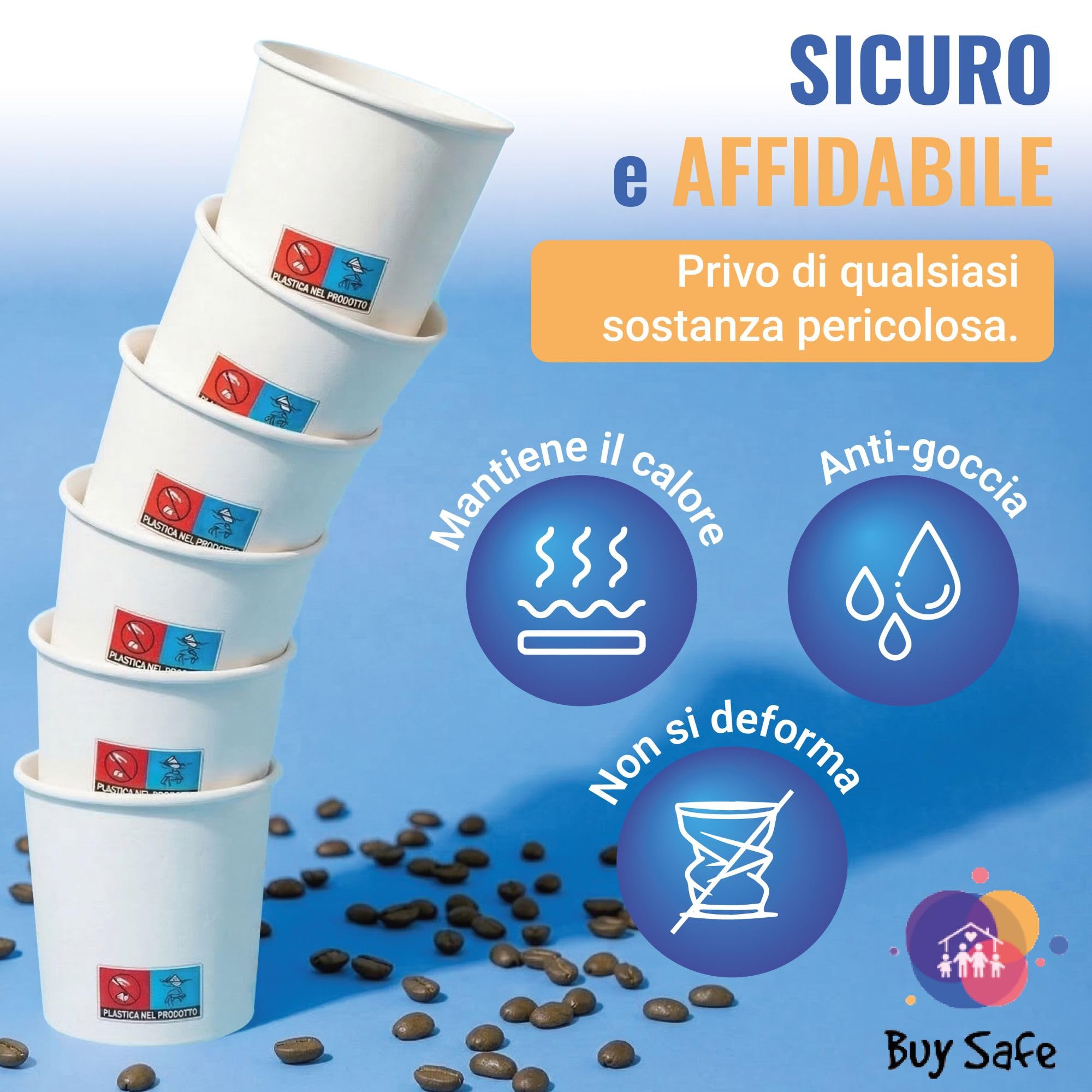 Buy Safe - 200 Bicchierini Caffe Carta 75 ml, Bicchierini da Caffe Usa e Getta Resistenti, Sicuri e Pratici, 100% Riciclabili ed Ecologici, Ideali Per Uso Professionale e Domestico