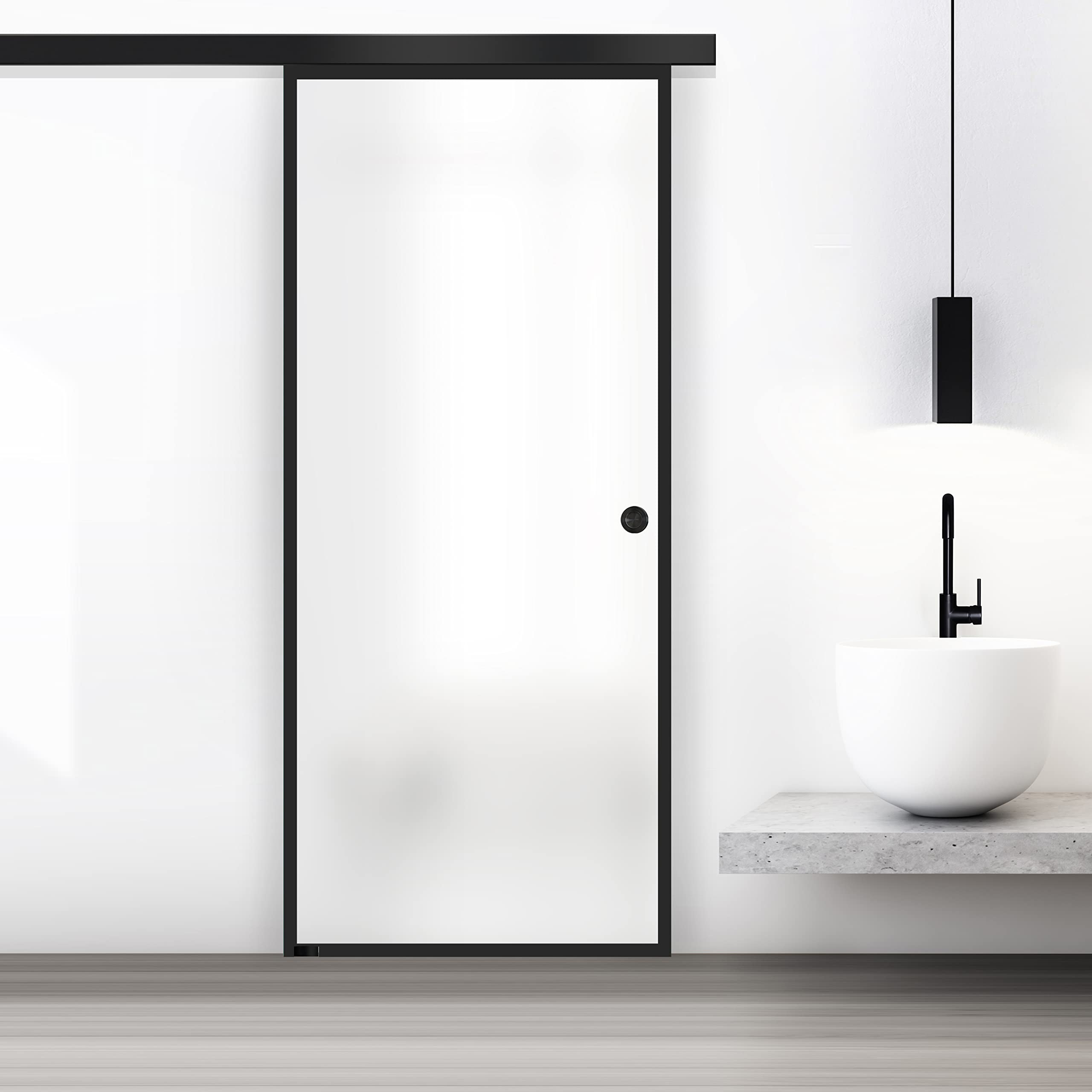 BOSS Black Puerta corredera del vidrio modelo CONFORT 90x215 cm (60/80/90 cm) Vidrio Satinado de 8 mm, patron arenado nanotratamiento Negra, kit completo de herrajes (90x215 cm, DERECHA)