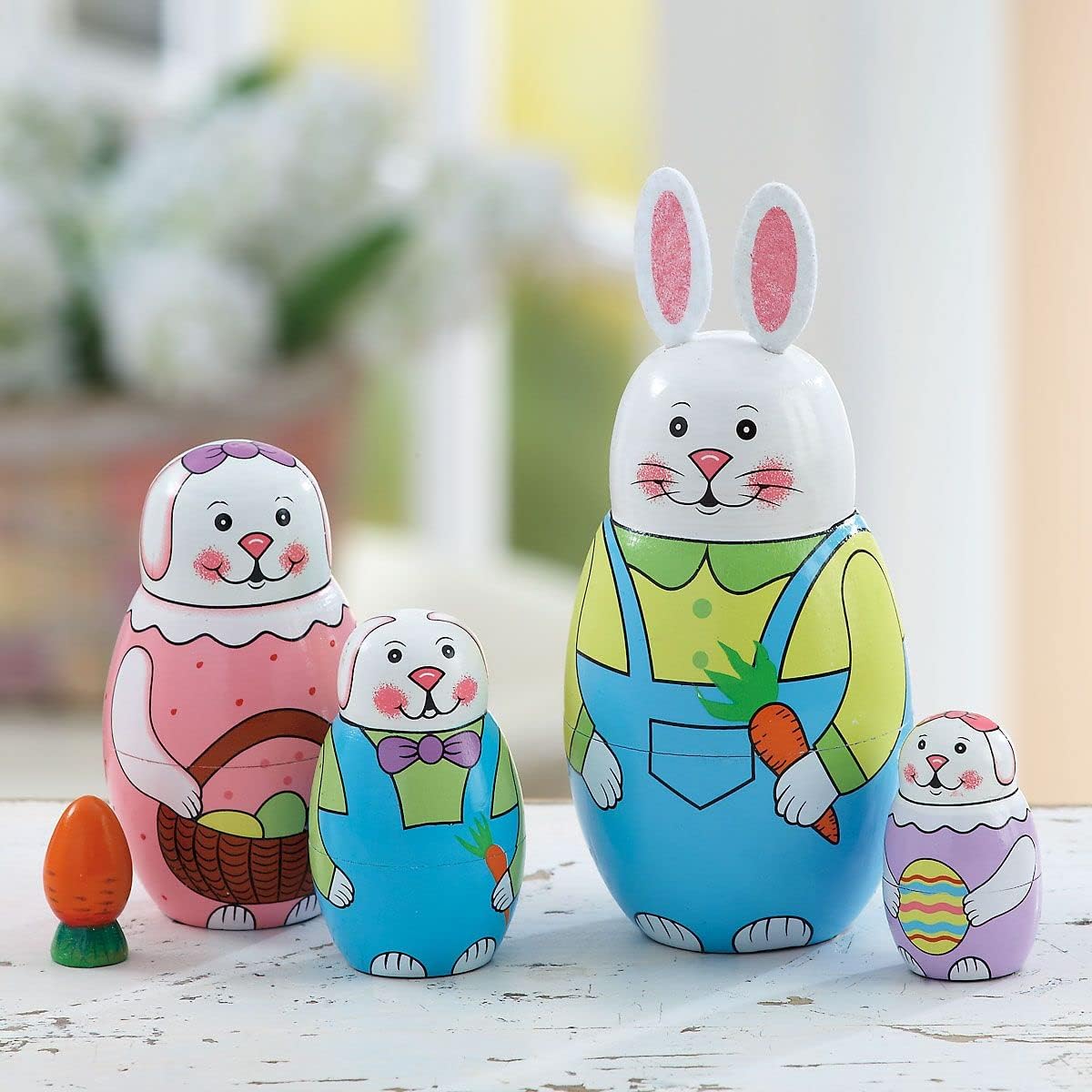 Lillian Vernon Hand Painted Wooden Easter Bunny Nesting Doll Set - Holiday Home Decor, Spring Themed Table Decorations, Matryoshka Toys, 6 Inches Tall, Set of 5 Figurines