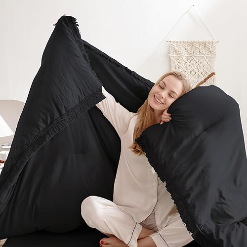 Miniatura 3 de Andency Juego de edredón negro tamaño Queen, juego de edredón ligero con borlas bohemias de 3 piezas, para todas las estaciones, suave y esponjoso