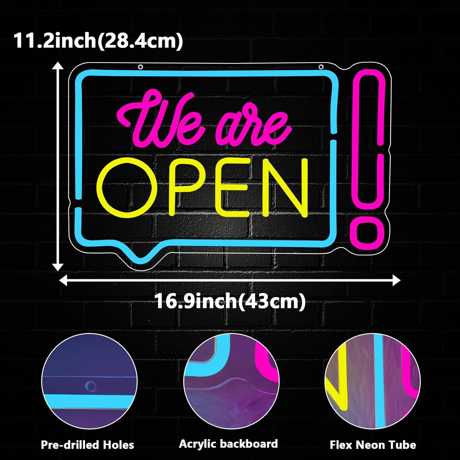 Open Neon Sign for Business, We Are Open Led Neon Light Signs for Store Shop Bar Café Restaurant Wall Decor Bright Advertisement Sign for Window Dimmable USB Powered(16.9"*11.2") - Image 3
