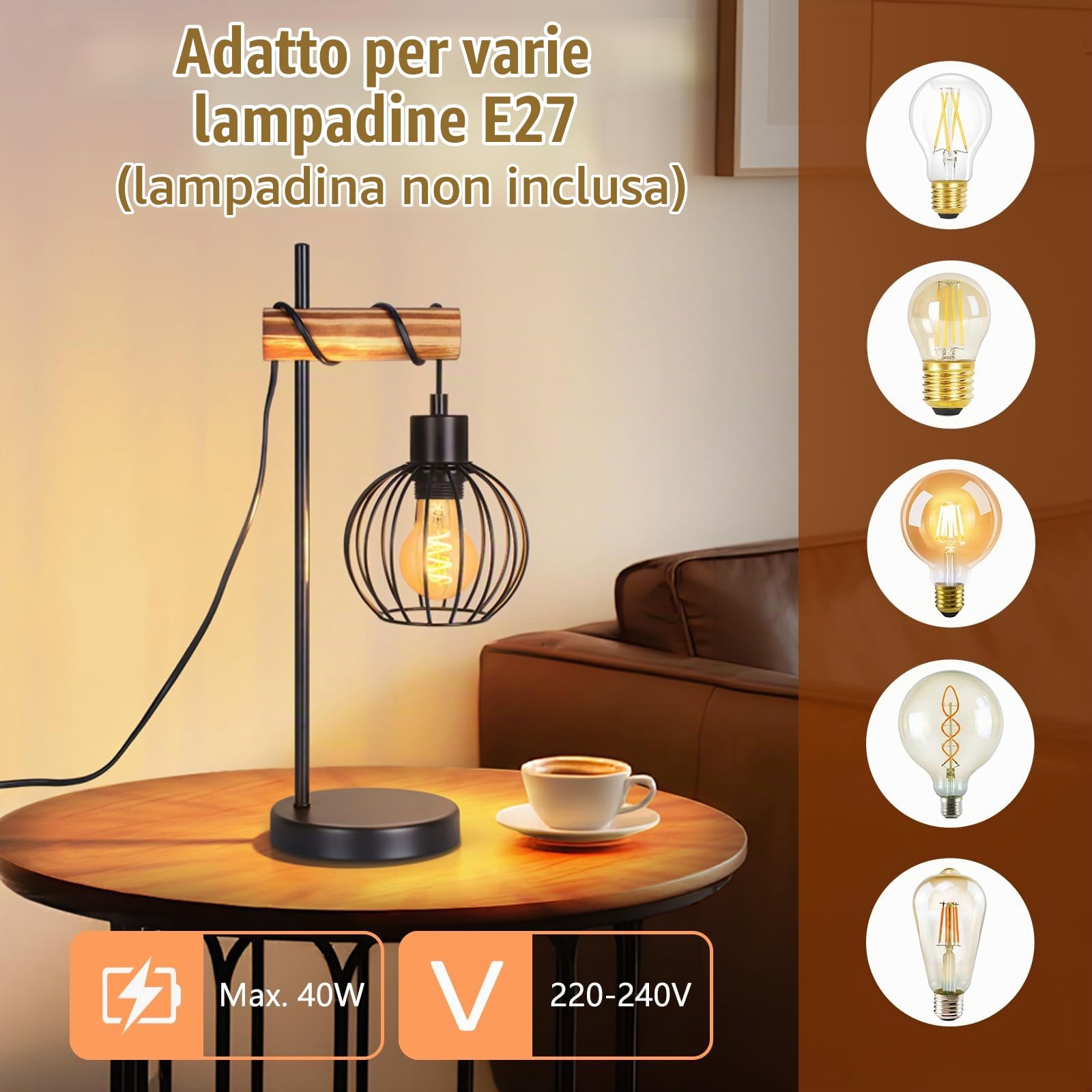 ZMH Lampada da tavolo vintage, lampada da comodino per soggiorno E27: | lampada da tavolo retrò a 1 luce in design industriale in metallo nero, lampada da comodino con cavo - senza lampadina