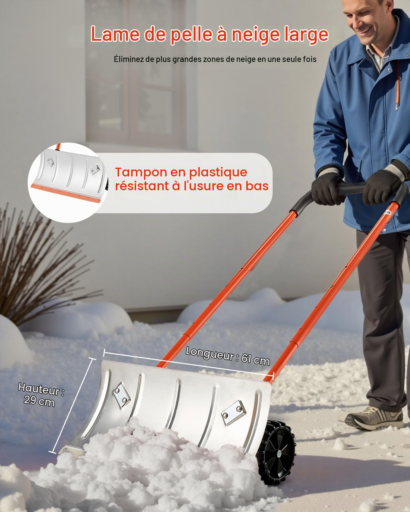 VEVOR Pelle à Neige sur Roues, 61 cm, Poussoir à Neige avec Lame Bidirectionnelle, Manche Réglable 90°, Pelle de Déneigement Métallique, Pousse-Neige Portable pour Nettoyage, Entrée, Allée, Chaussée