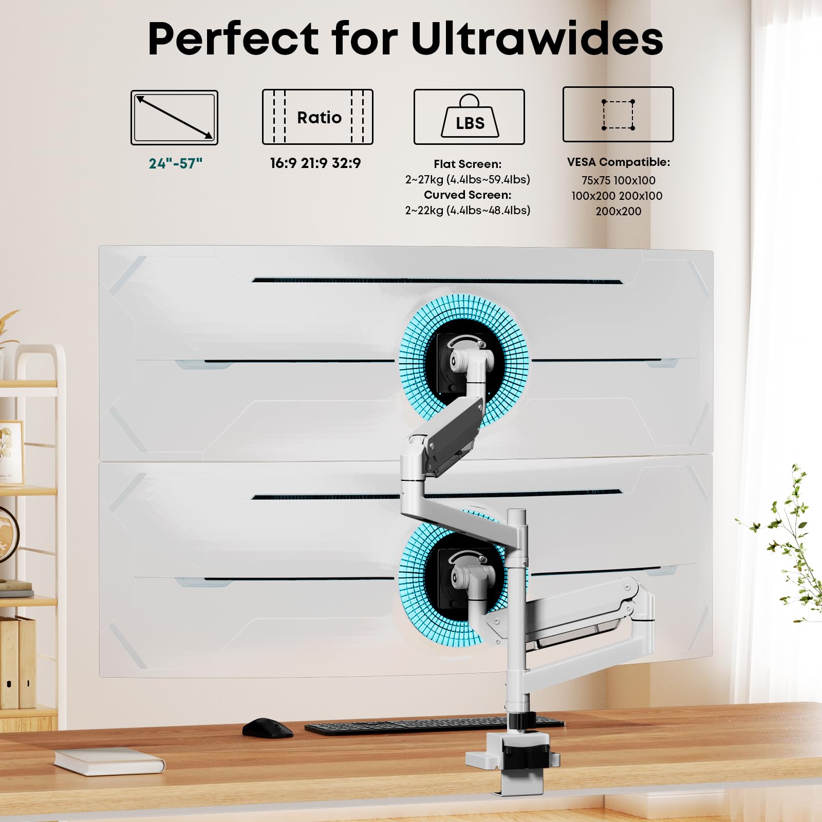 Braccio Monitor Doppio Verticale per 24-57-pollici - Regolazione Dell'altezza con Inclinazione e Girevole Supporto Doppio Monitor, Capacità di Carico da 2-27 kg, VESA 75/100/200 mm, Bianco