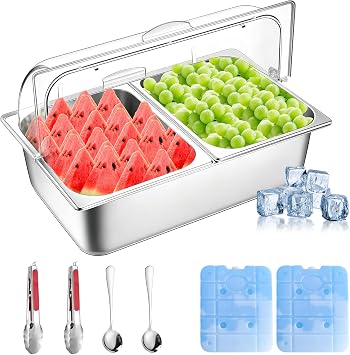 Countertop Ice Food Serving Display Tray with 2 Pan, Portable Salad Bar Buffet Station for Home, Stainless Steel Cold Food Buffet Server with Clear Roll Top Cover, 3 Ice Packs