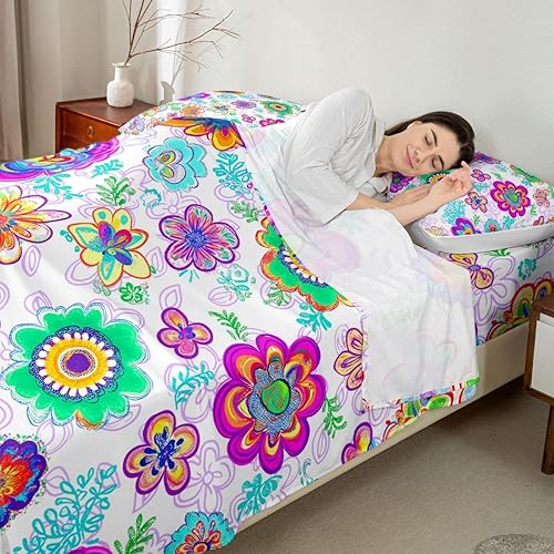 Miniatura 6 de Juego de sábanas retro de los años 60 y 70 con diseño de flores, tamaño Queen, rústicas, psicodélicas, para hombre y mujer, Halloween, floral, 1960,