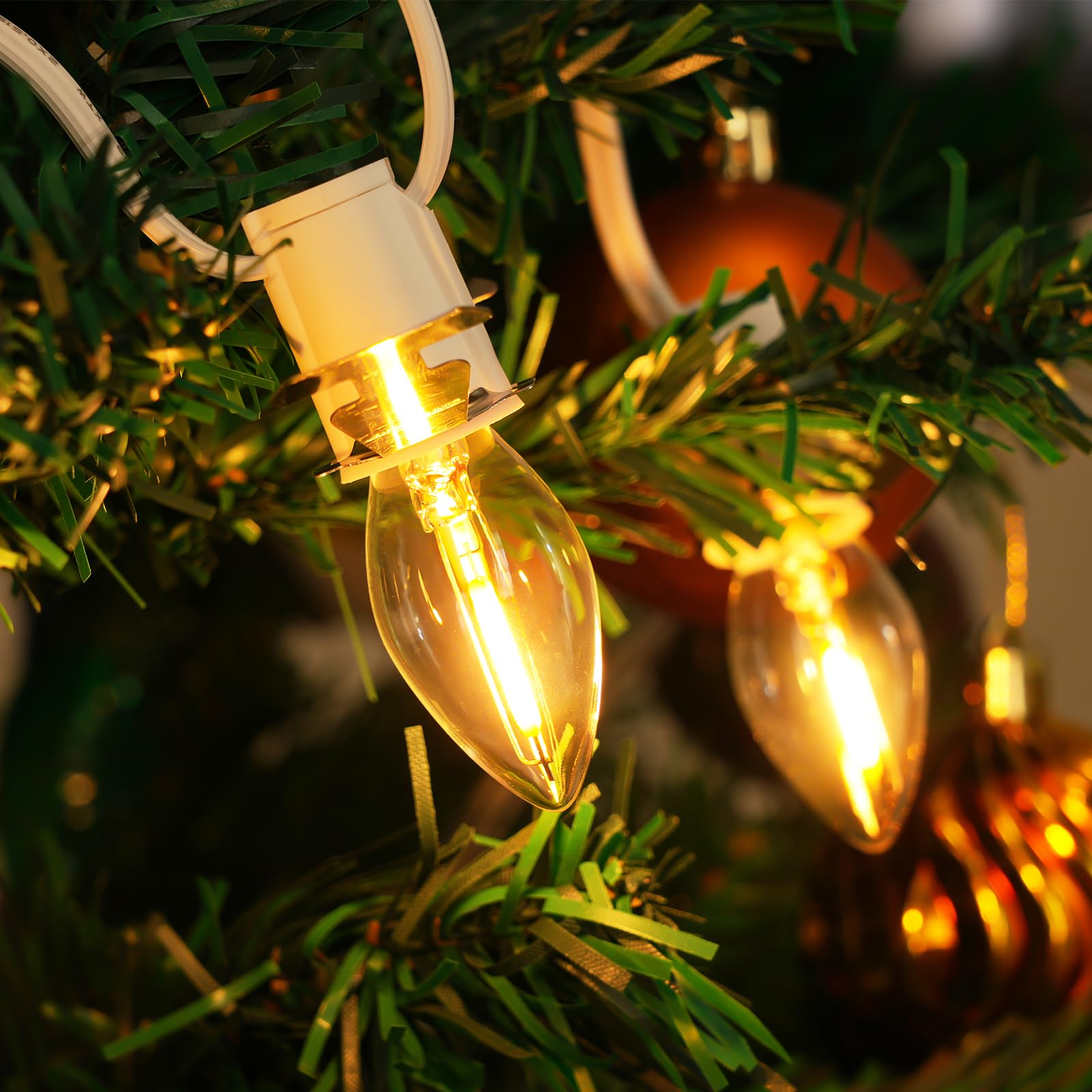 SURAIELEC 12ft Accessory Cord with 6 LED Light Bulbs, Christmas Village Lights Replacement, C7 Light Cord with Switch for Snow Village House, Holiday Craft Decorations, UL Listed, Set of 2