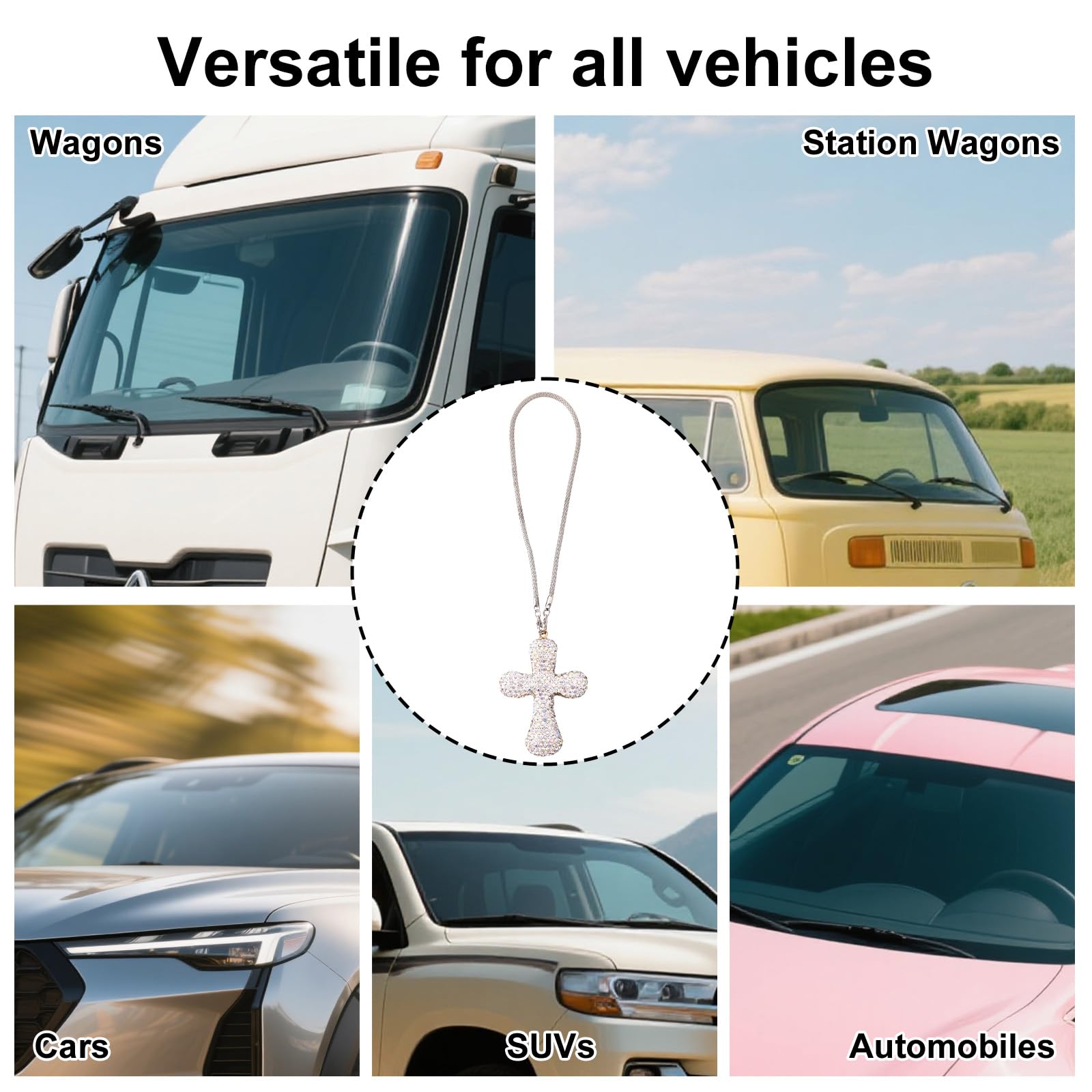 Car Mirror Accessories 2 PCS Bling Jesus Cross Car Mirror Charm | Crystal Rhinestone Rear View Mirror Accessories | Pink & Silver Cross Colgantes Para Carros Car Charm