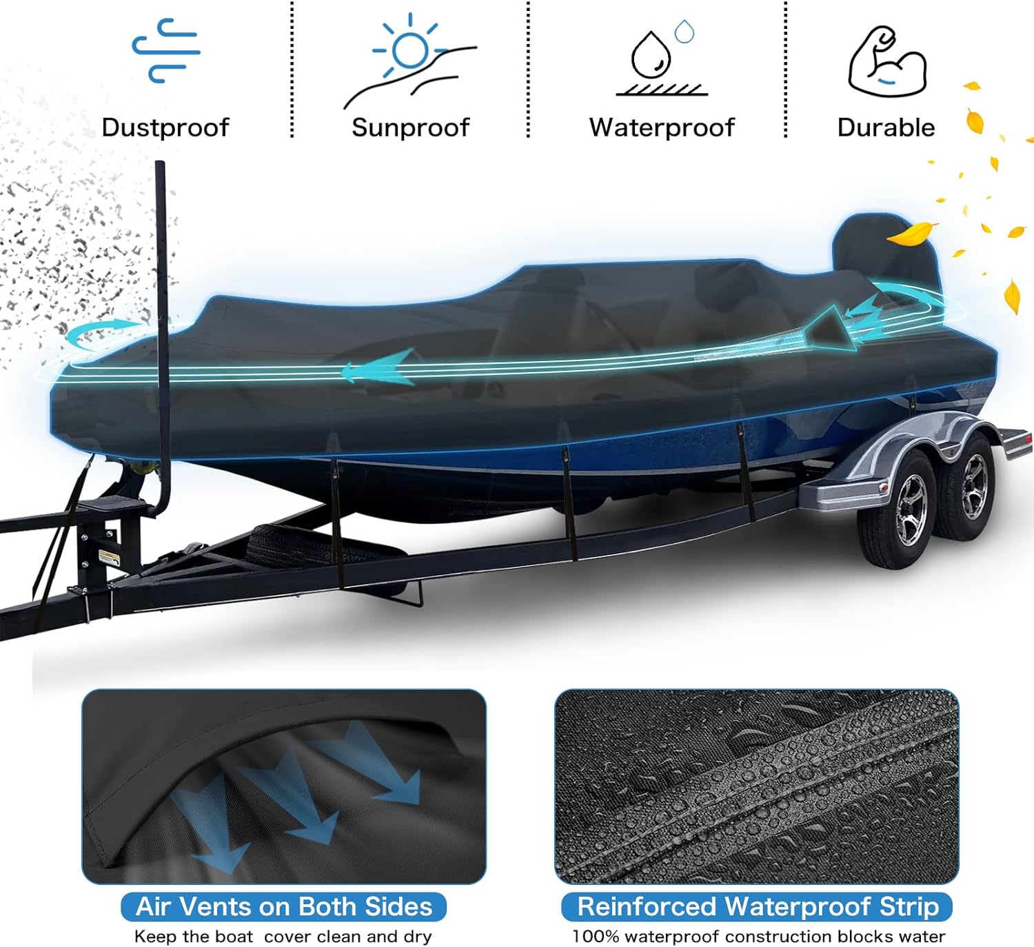Solim Waterproof 1200D PU Boat Cover with Motor Cover, 17-19' Heavy Duty Marine Grade Trailerable Polyester Canvas, Fits 17-19ft Bass Boat, V-Hull, Runabout, Fishing, Ski Boat with Straps, Black