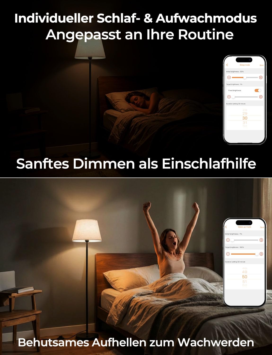 Intelligente LED Stehlampe Wohnzimmer Dimmbar RGB mit Fußschalter und App-Steuerung, 16 Millionen Farben, 152cm Moderne Stehlampe mit Glühbirne, 2700K-6000K, CRI92, 10W 1200LM für Schlafzimmer & Büro