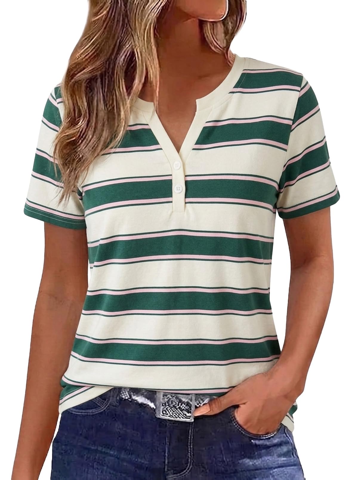 YUTILA Damen T-Shirt Gestreift Kurzarm V-Ausschnitt Baumwolle Henley Shirt | Basic, Lässige Streetwear, Weich, Hautfreundlich, Atmungsaktiv Oberteile