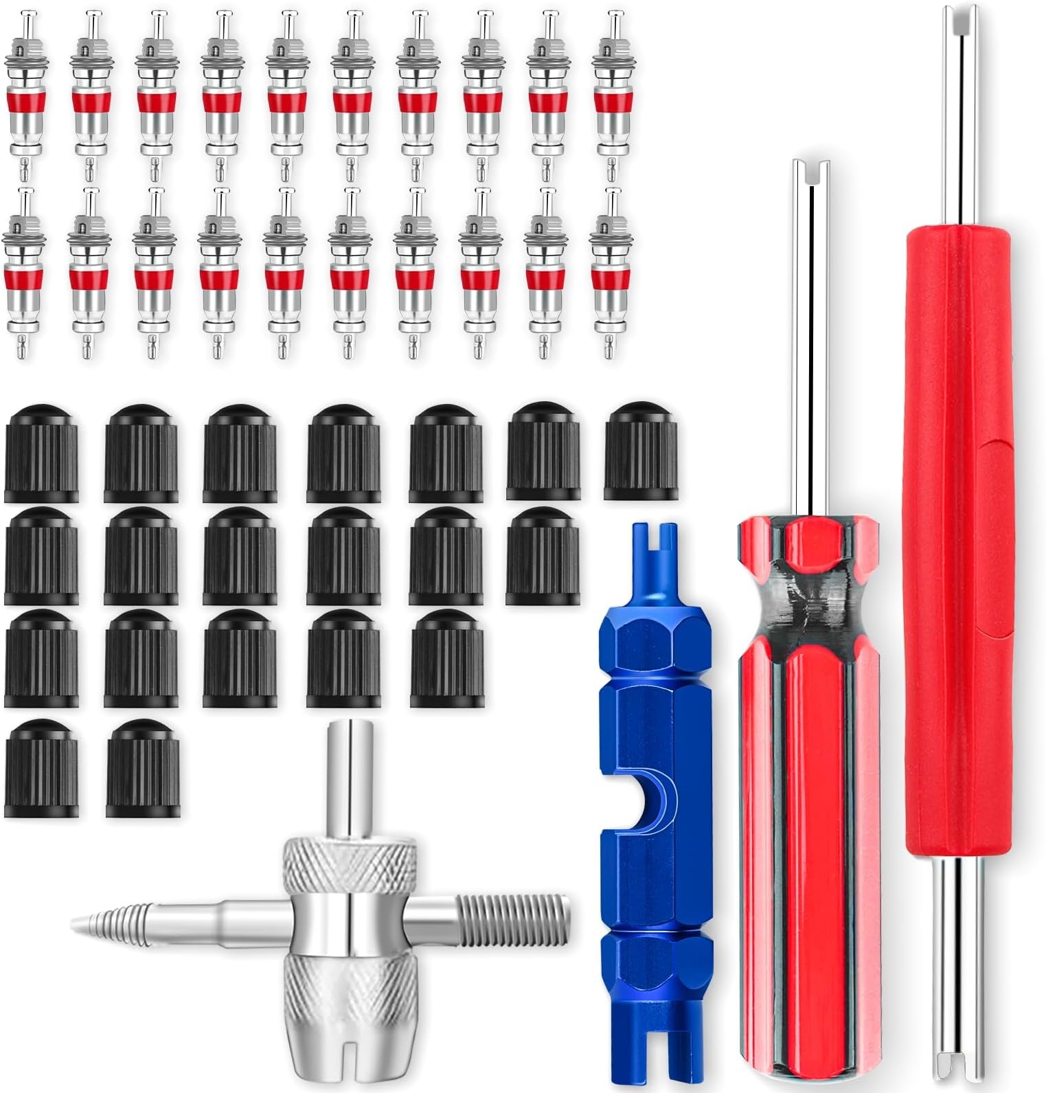 44pcs Stem Removal Tool, Spool Removal and Installation Tool, Four-Way Valve Tool, Spool, Stem Cover. Suitable for All Types of Tires