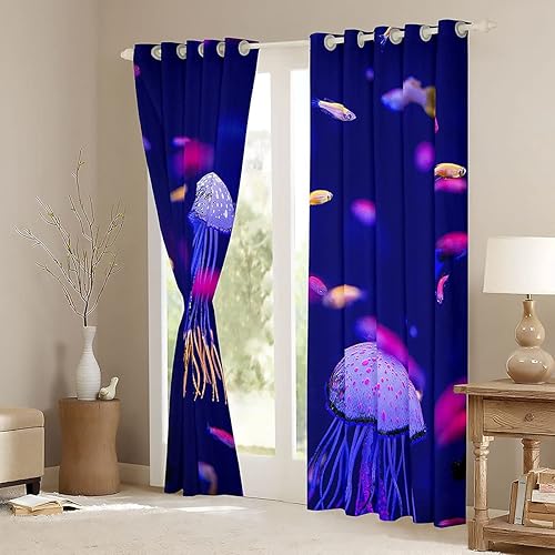 Miniatura 4 de Cortinas de medusas con criaturas oceánicas para ventana, dormitorio, sala de estar, niños y niñas, mar, bajo el agua, mundo, azul, cortinas de