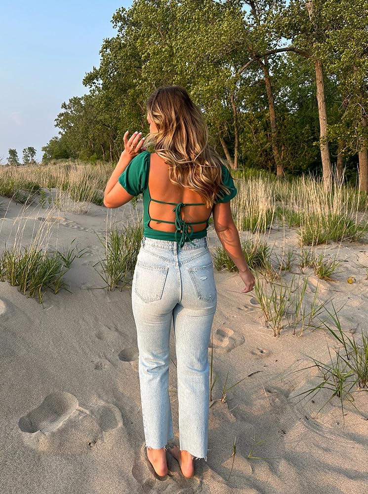 oten Women's Sexy Backless Puff Sleeve Square Neck Tie Back Bodysuit Tops
