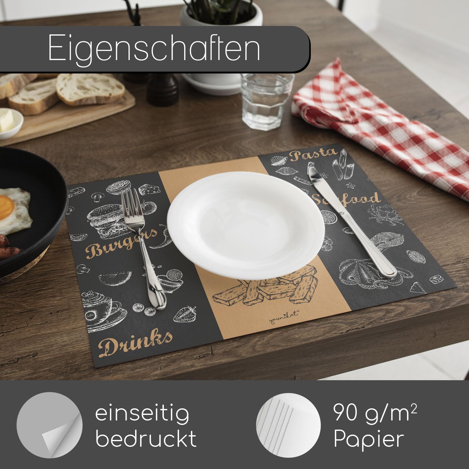 100 Tischunterlagen mit Menü-Motiv Burger I DIN A3 eckig I Platz-Set aus Papier I modernes Design I Einweg Tischset I schwarz braun I Gastronomie und Haushalt I dv816