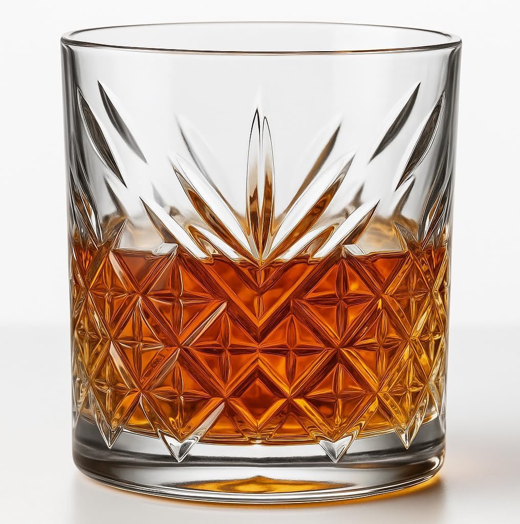 NORDIC SCHILLER Classic Whisky Glasses - Set of 4, 205 ml Bevelled Pressed Glass, Dishwasher Safe, Vintage Inspired Design, Transparent