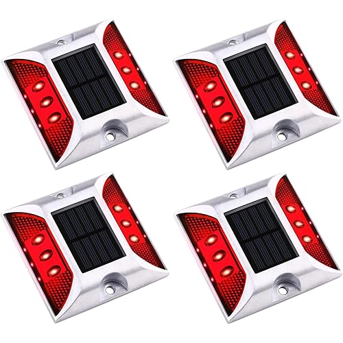 Aolyty Solar Driveway Dock Lights, IP68 Waterproof Deck Warning Step Lights Reflective Road Marker for Sidewalk Stair Garden Pathway Walkway (4 Pack, Red)