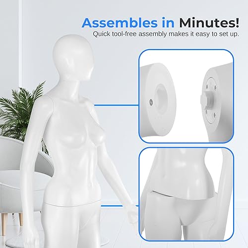 Miniatura 4 de SereneLife Torso de maniquí de cuerpo completo femenino realista, forma de vestido ajustable de 68.9 pulgadas con rotación de cabeza de 360°
