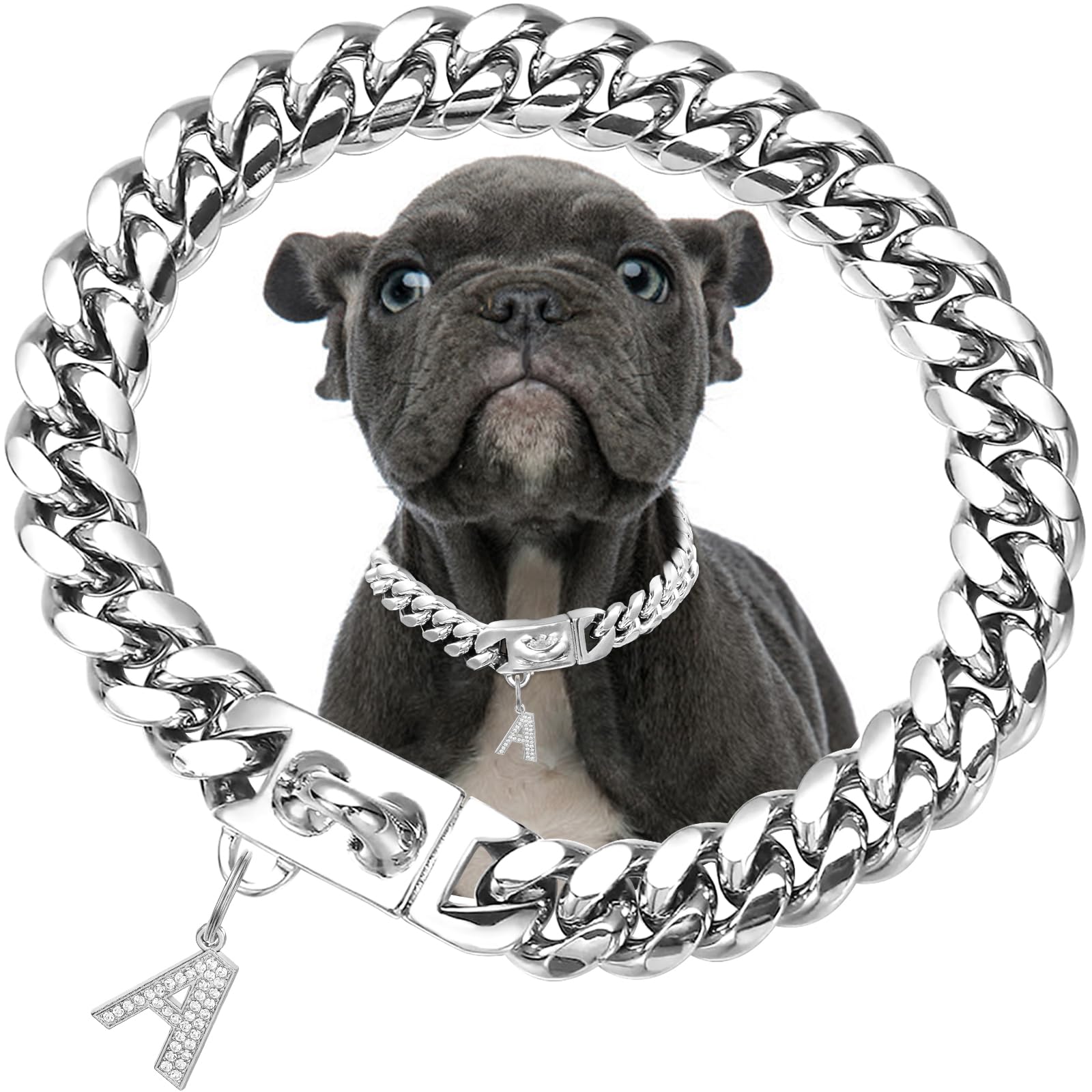 15mm breites silbernes Hundehalsband mit Anhänger,Edelstahl-Walking-Metallkette mit kubanischen Gliedern,Starke,kausichere Halsbänder für kleine bis mittelgroße Hunde(55cm)