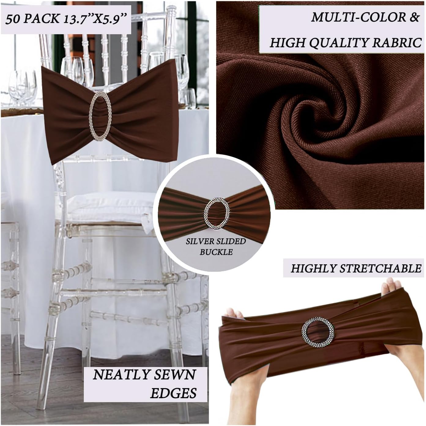 Brown Chair Sashes 50 Pack, Spandex Brown Chair Bows Bands with Buckle Slider for Folding Chairs Wedding Party Birthday Decor, Chair Ties
