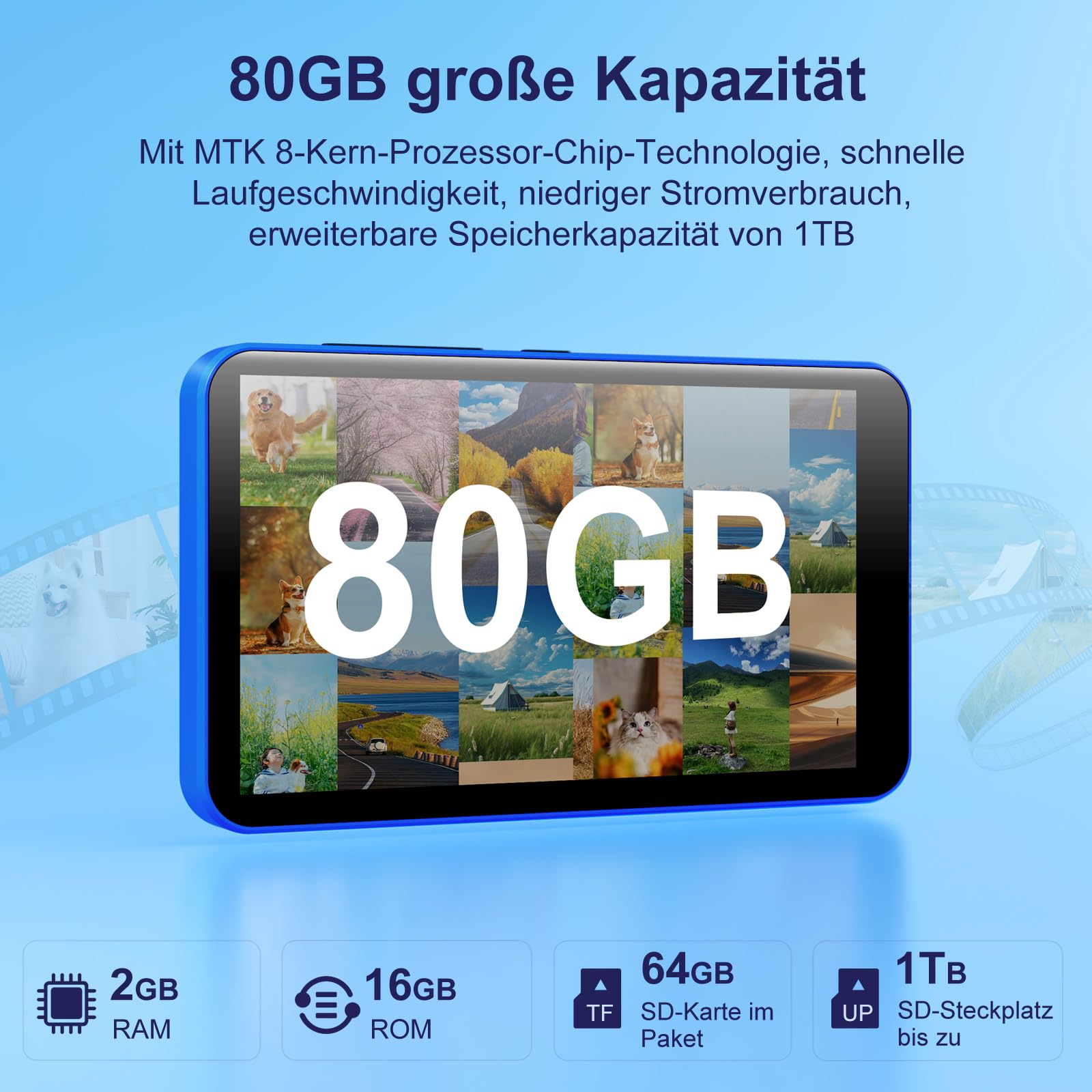 80GB MP3 Player with Bluetooth, WLAN und 4 Inch Touchscreen, Blue | Android MP3 player mit spotify, Lautsprecher, 2000 mAh, Spotify Apps, Audible, Deezer, Play Store, Supports up to 512GB