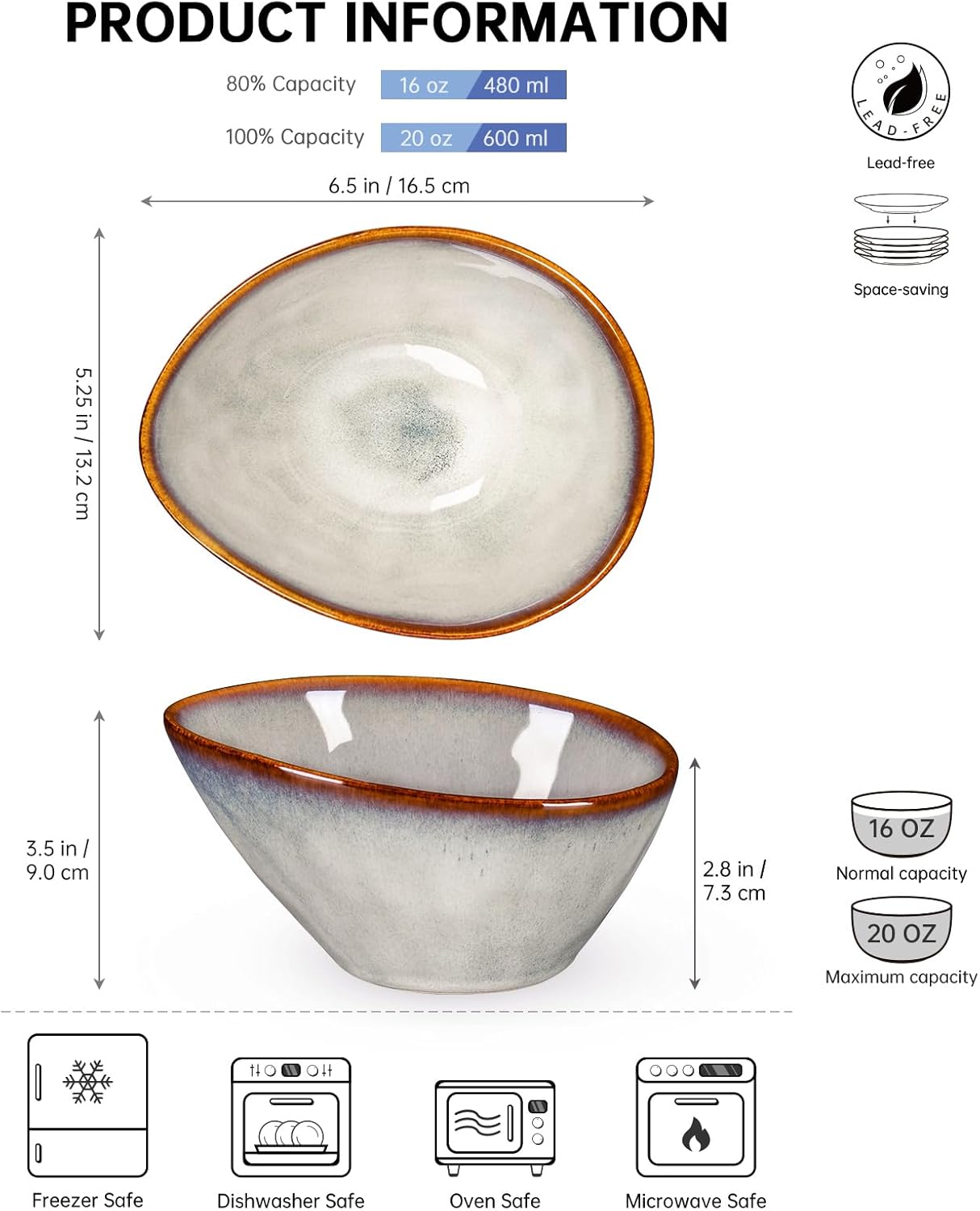 Henten Home Ceramic 20 oz Salad Bowls Set, Slanted Snack Bowl Set of 4, Porcelain Serving Bowls for Soup, Dessert, Microwave & Dishwasher Safe, Reactive Glaze (White)
