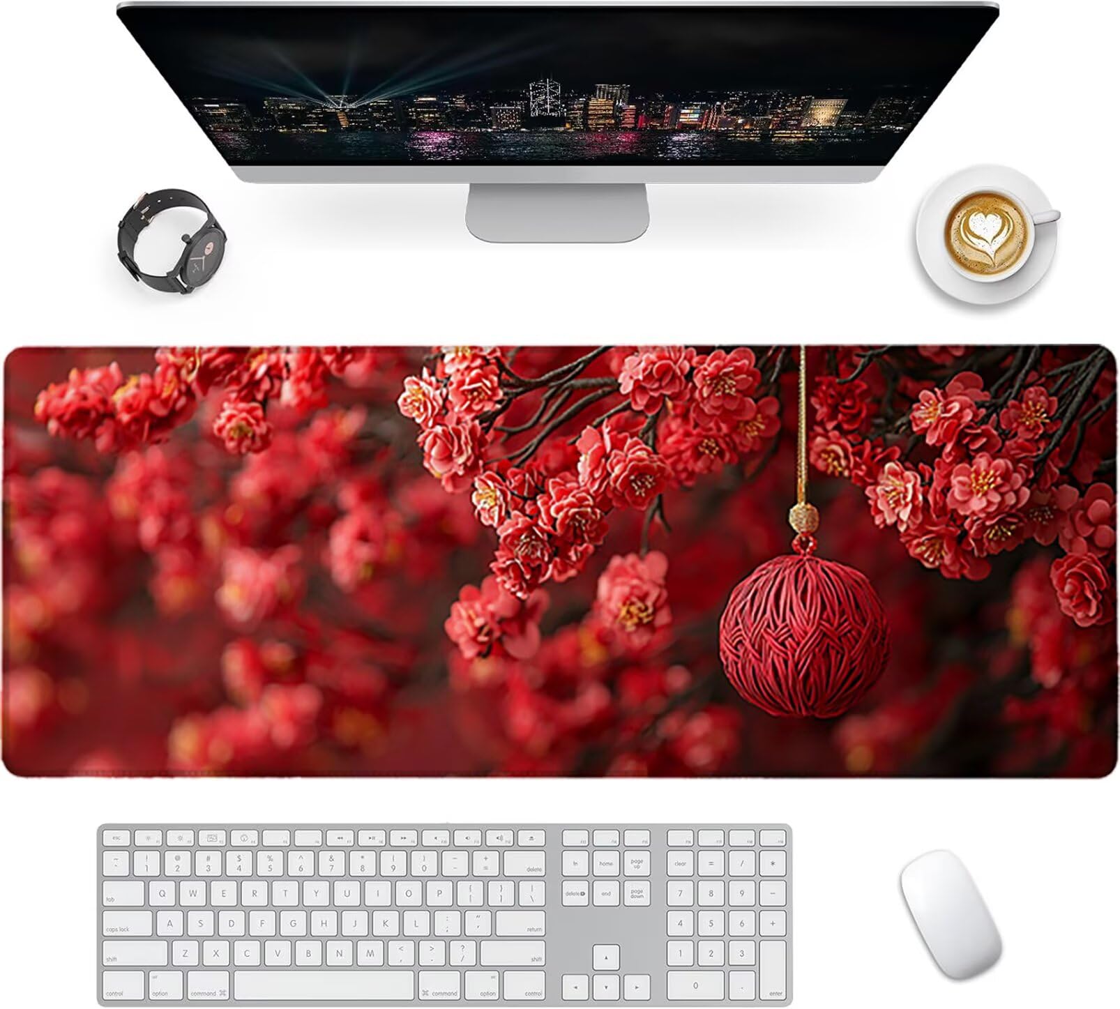 Lpfieonn Blume Großes Schreibtischunterlage, XXL Schreibtischunterlagen, Rot XXL Wasserdicht Gaming Mousepad mit Vernähter Rand und Rutschfeste Gummibasis, für Laptop/Hause/Büro 120x60cm PF-3485