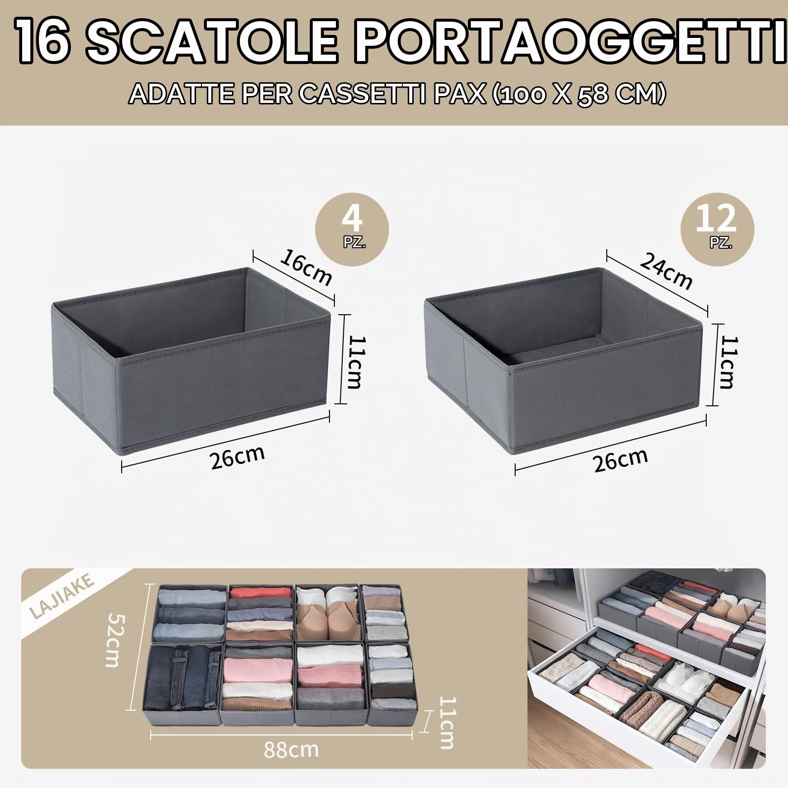 Set di 16 organizer per cassetti adatti per guardaroba PAX, 100 x 58 cm, pieghevole, per vestiti e vestiti per bambini, design modulare, stabile, grigio