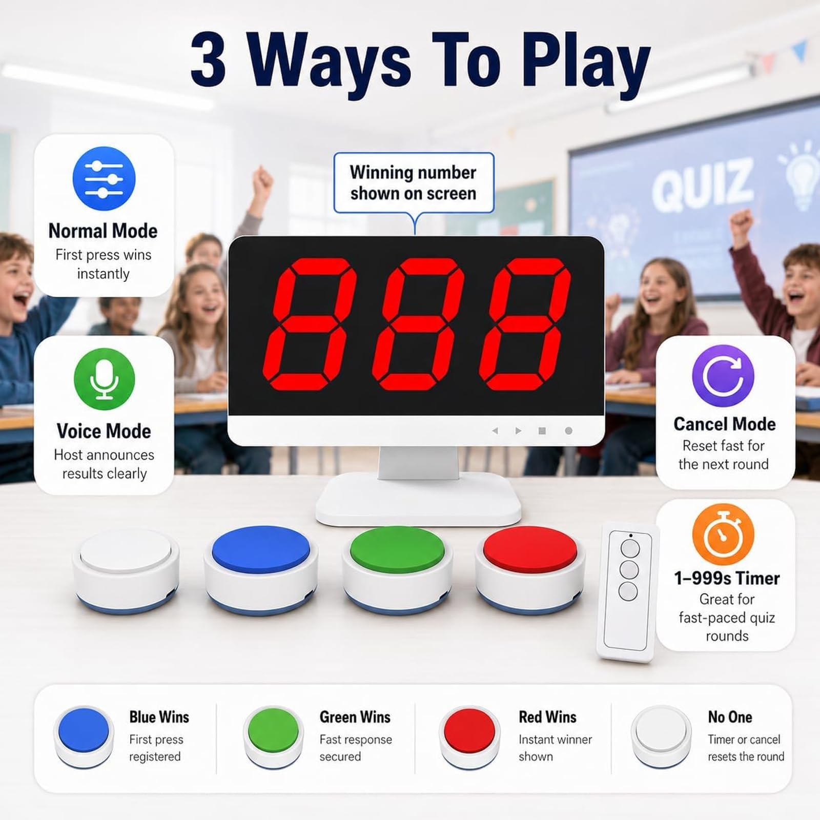 Kabelloses Quiz-Spielsystem mit Monitor und Summern, große Reichweite, 4 LED-Statusfarben, 3 Antwort-Modi, ideal für Schulwettbewerbe und Party-Quiz, unterstützt 8 Gruppen