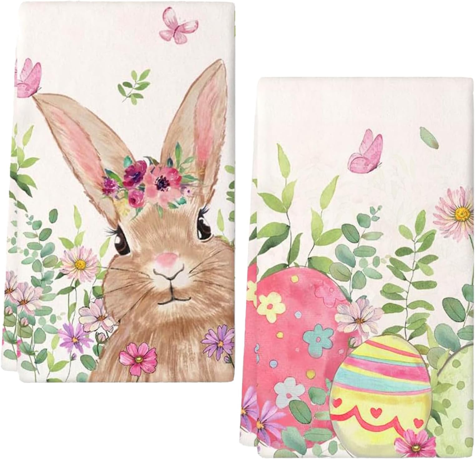 2 Pieces Easter Tea Towels, Kitchen Towels with Easter Motif, Cotton Kitchen Towels, Easter Rabbit and Flowers, Super Soft and Absorbent, Reusable (B)