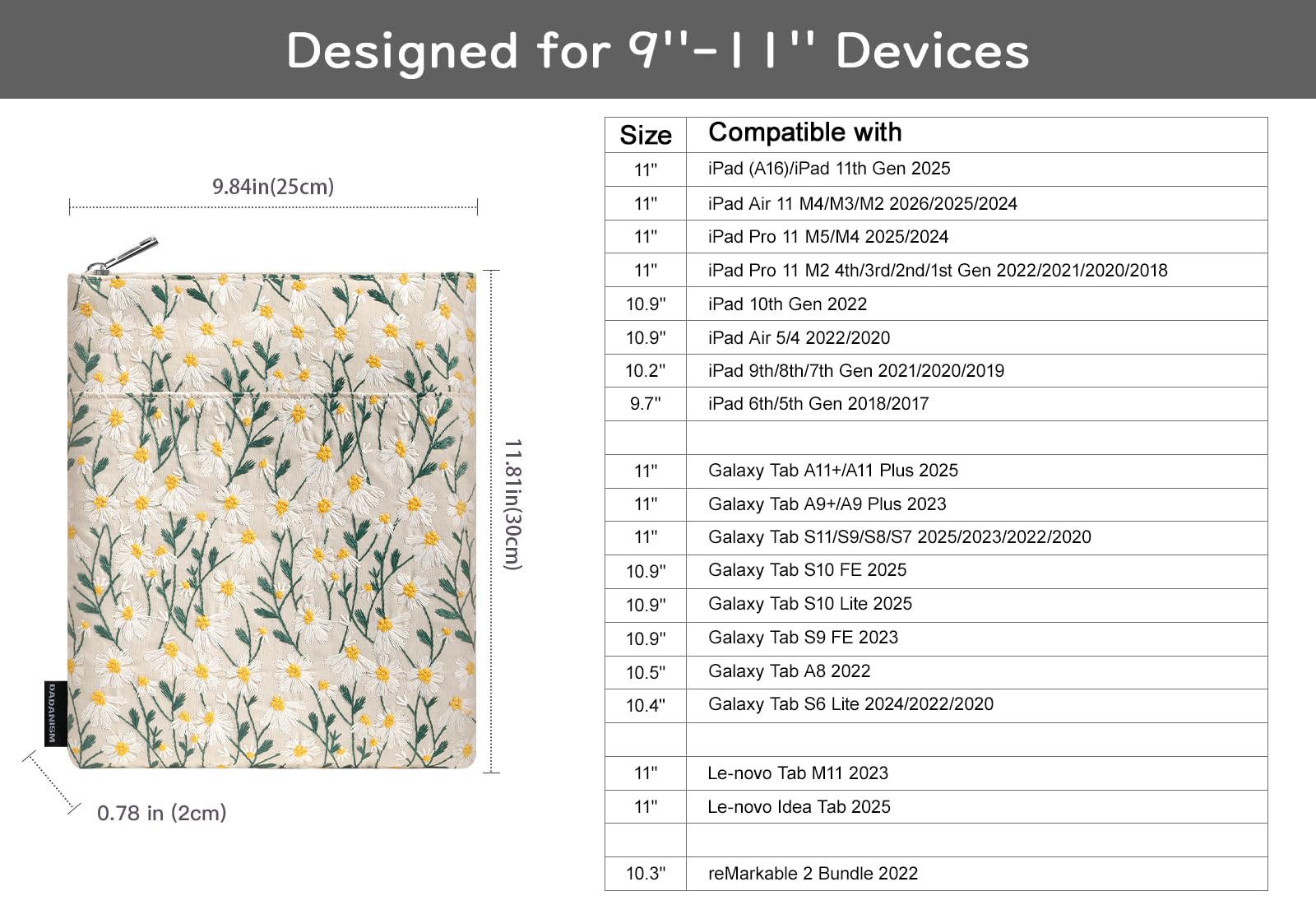 Dadanism 9-11 Pollici Custodia Protettiva a Margherita Ricamata per iPad (A16) 11", iPad Air M4 M3/Pro M5 M4 11", iPad 10a Gen 10,9", iPad 9/8/7a Gen 10,2", Galaxy Tab A11+ 11", Tab M11 11", Beige