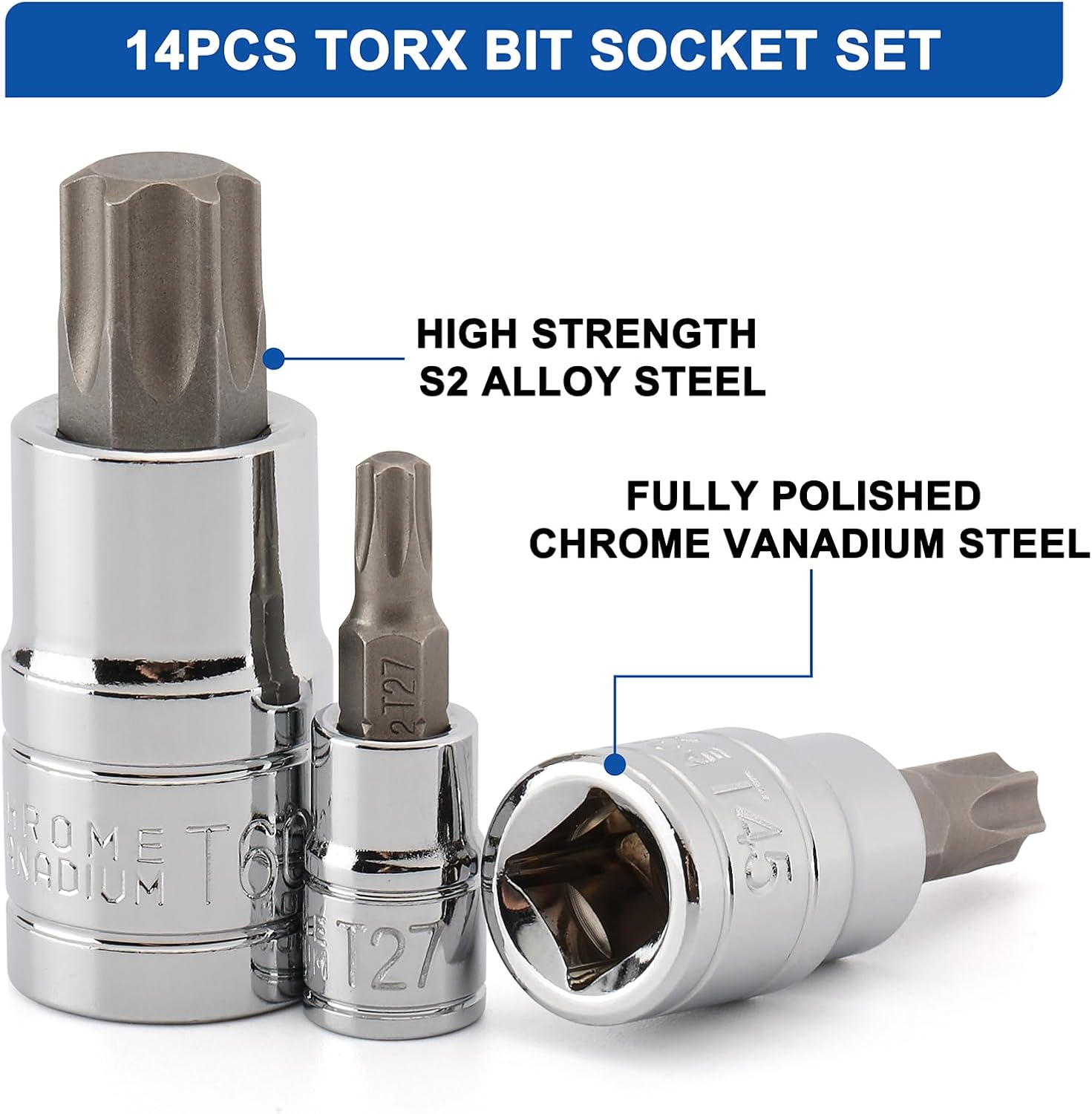 Mayouko 14PCS Torx Bit Socket Set, T6-T60, 1/4-Inch, 3/8-Inch and 1/2-Inch Drive, S2 and Cr-V Steel, Star Bits Socket Set