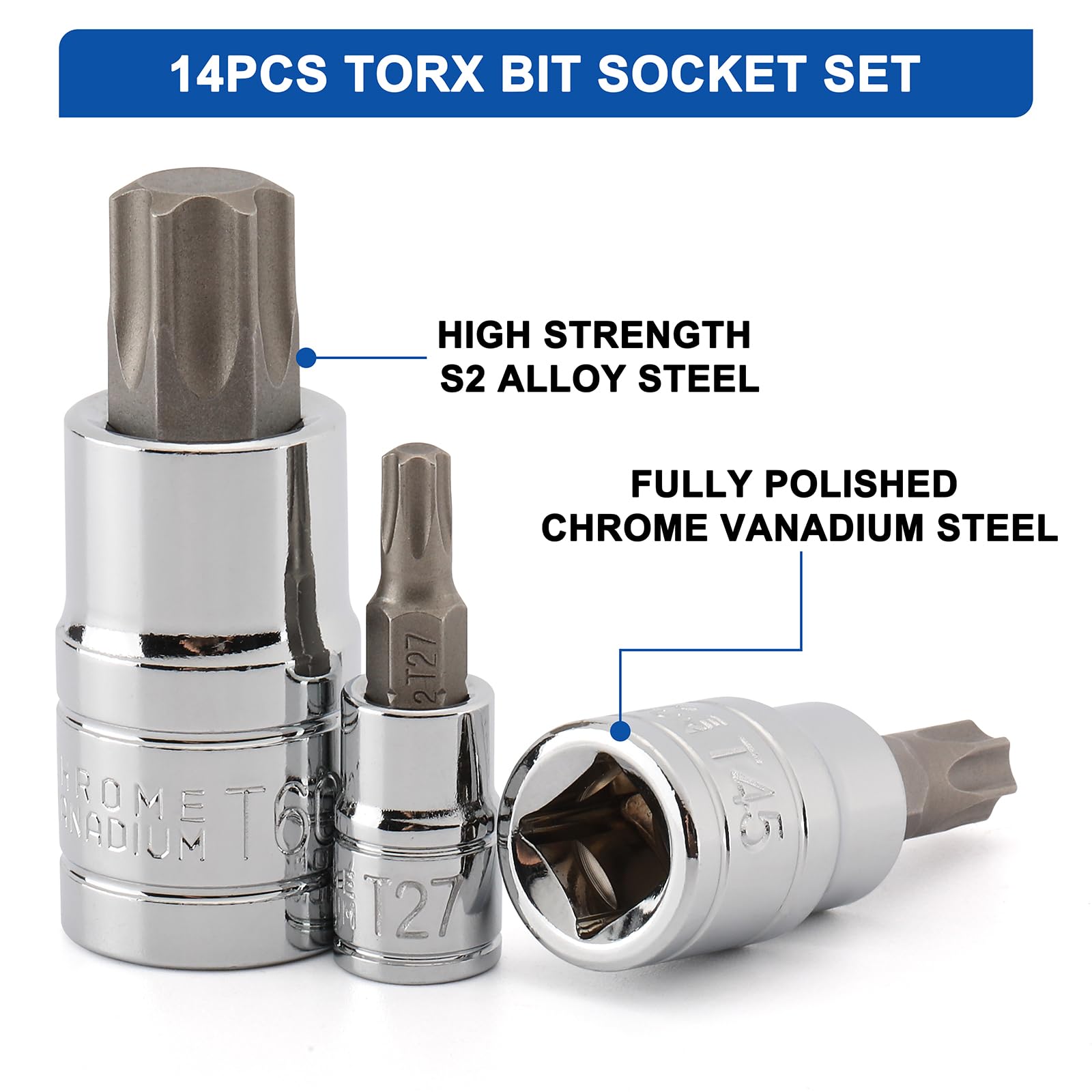Snapklik.com : 14PCS Torx Bit Socket Set, T6-T60, 1/4-Inch, 3/8-Inch ...