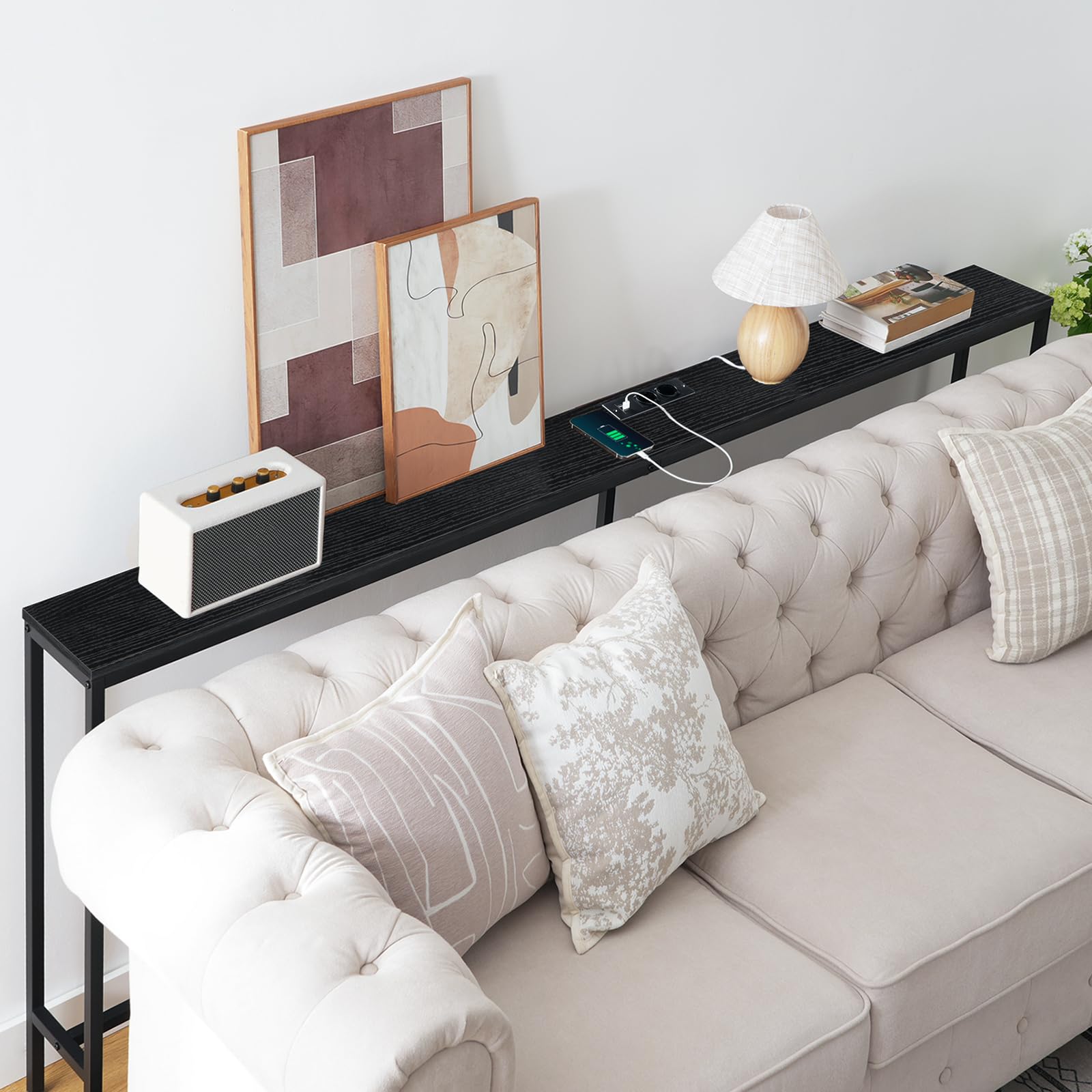 MAHANCRIS Konsolentisch mit Ladestation, 200 cm schmaler Sofatisch, industrieller Eingangstisch mit USB-Anschlüssen, Sofa-Beistelltisch für Eingang, Flur, Foyer, Wohnzimmer, Schwarz ACTBK20UE01