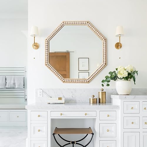 Miniatura 3 de Gumcoly Espejo de pared circular de 20 pulgadas, espejo redondo con marco de madera, borde ondulado dorado, espejo decorativo de tocador, espejo de