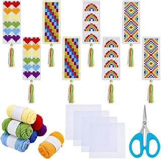FREEBLOSS 8 Set DIY Plastic Canvas Bookmarks Kit Cross Stitch Sheets Plastic Mesh Canvas Sheets for Crafts Rainbow Bookmark Making Kit for Friends Reading Gift